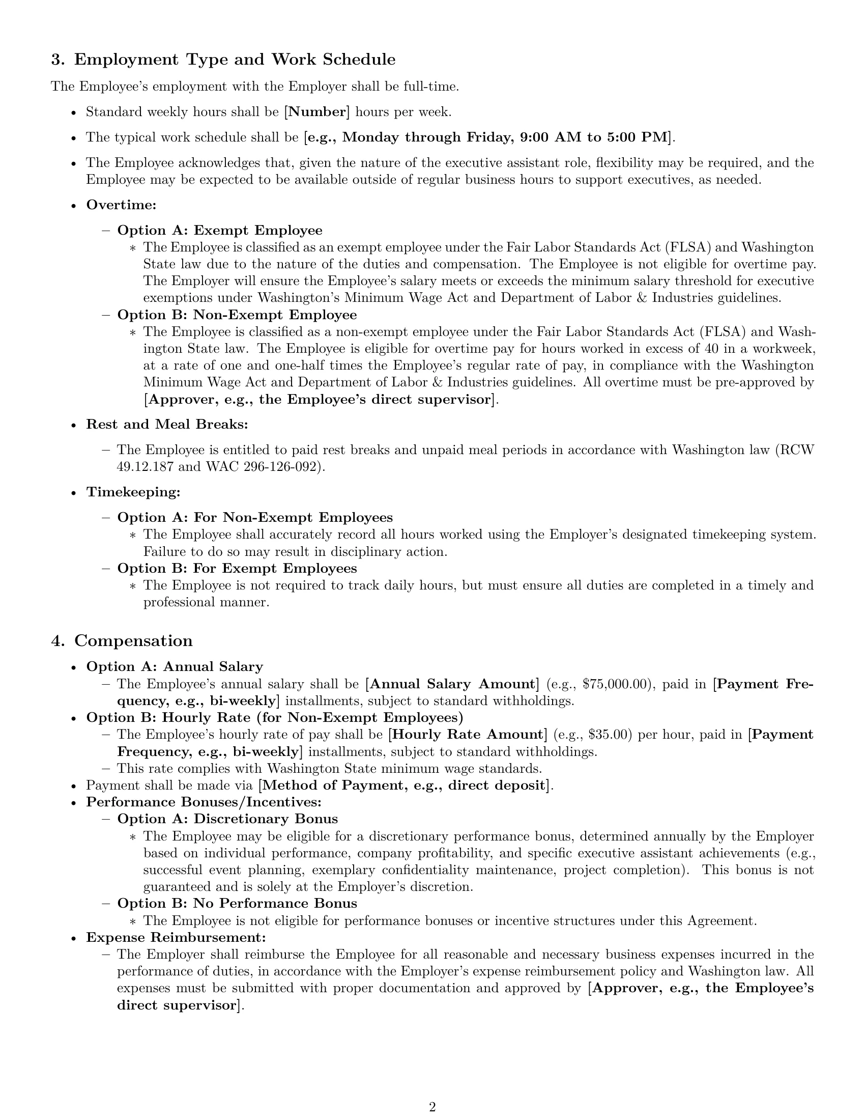 Preview page 2 of Pro Washington executive assistant employment contract template