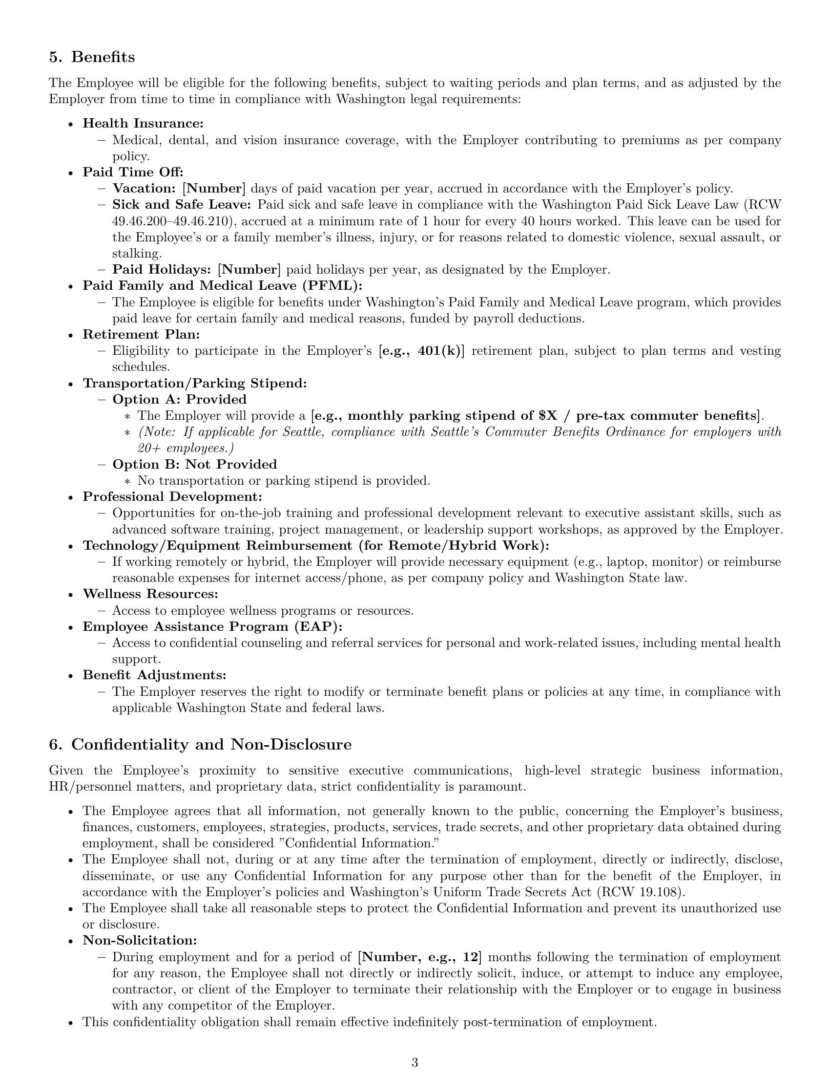 Preview page 3 of Pro Washington executive assistant employment contract template