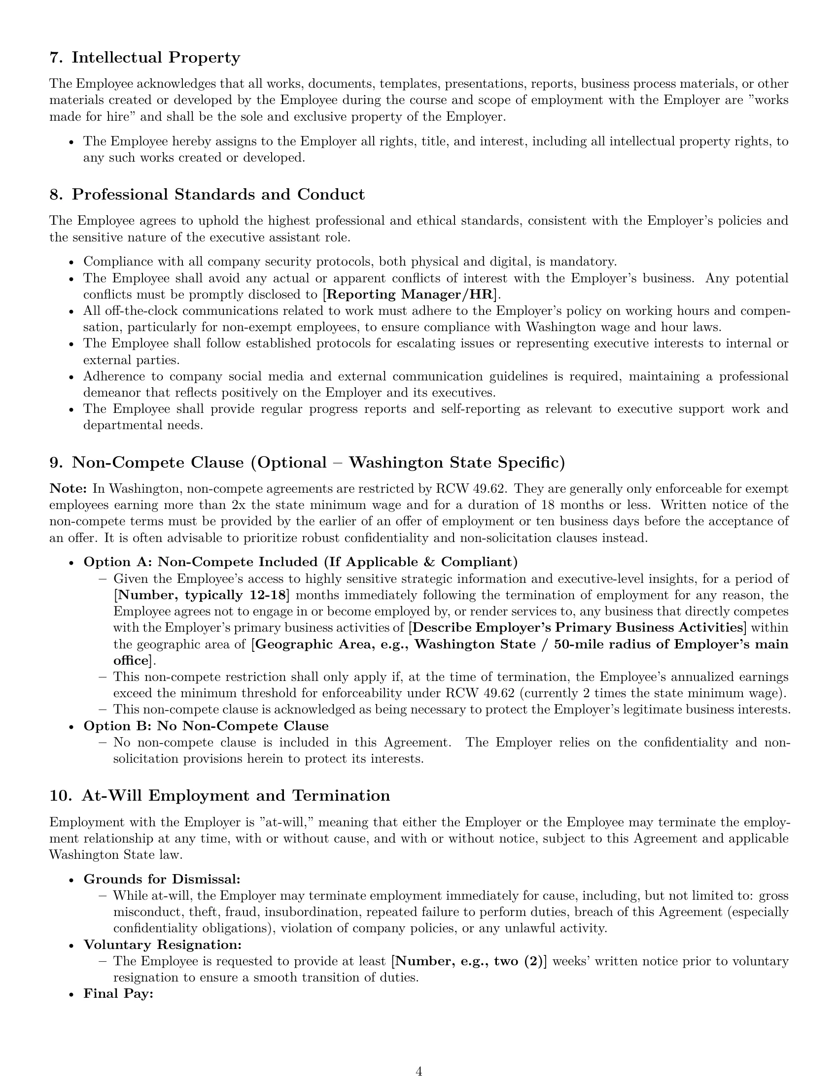 Preview page 4 of Pro Washington executive assistant employment contract template