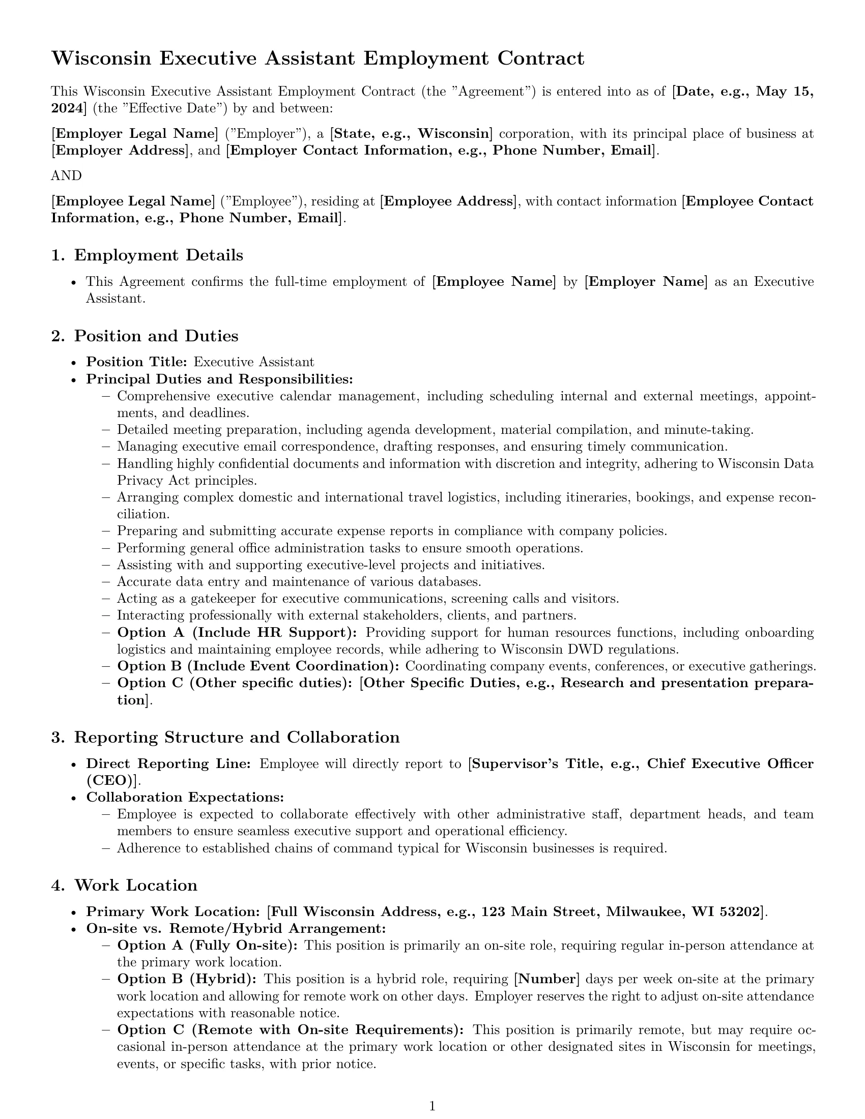 Preview page 1 of Pro Wisconsin executive assistant employment contract template