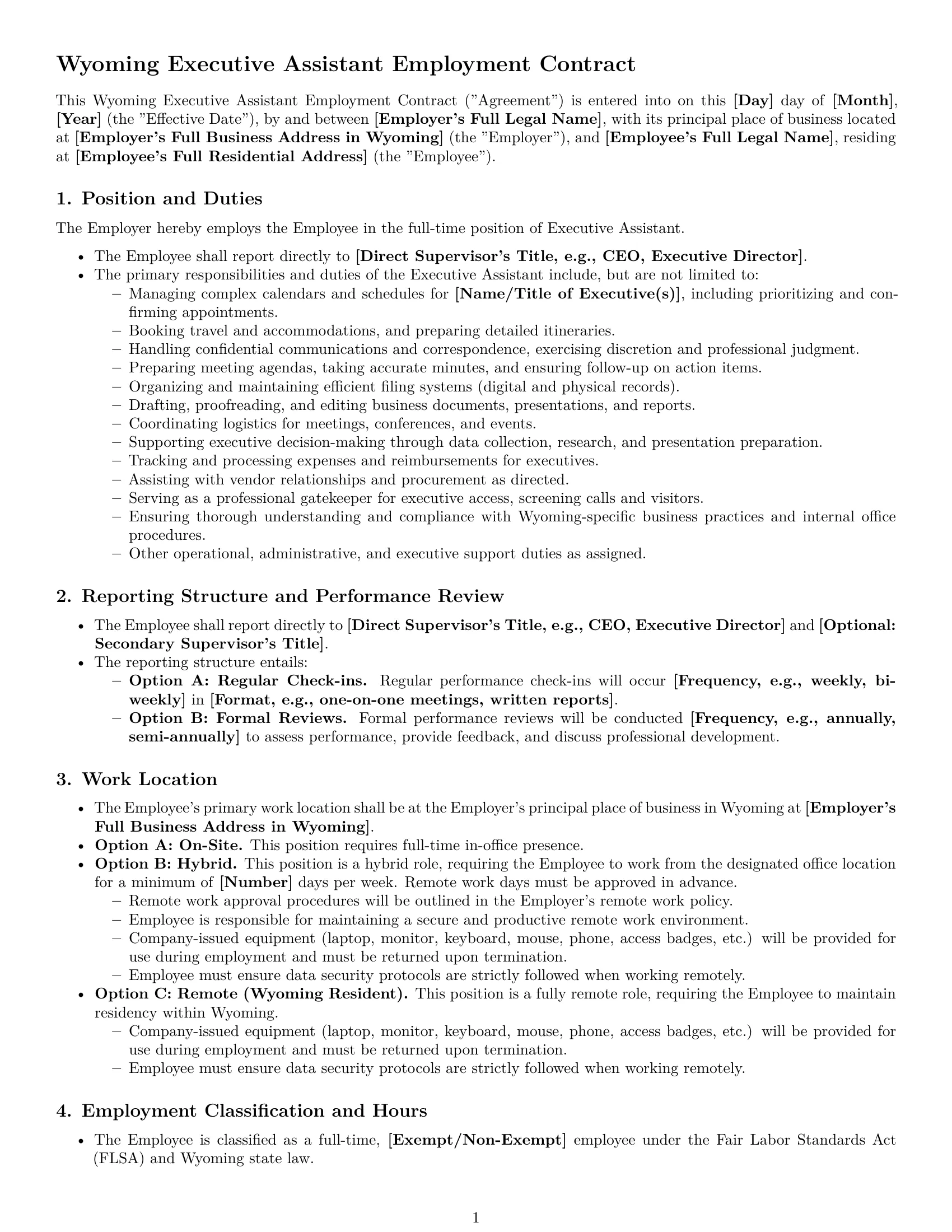 Preview page 1 of Pro Wyoming executive assistant employment contract template