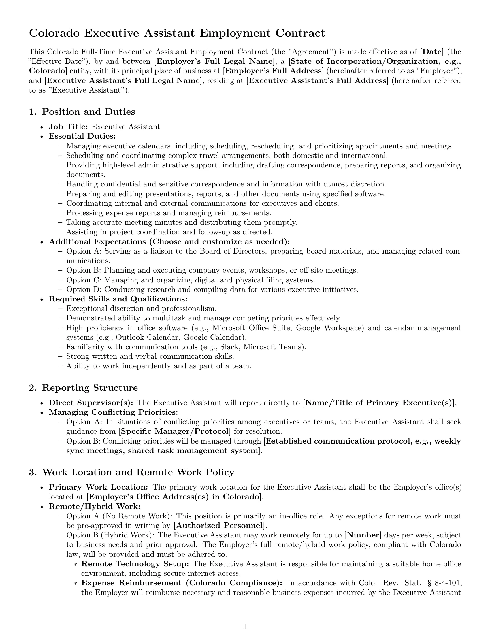 Preview page 1 of Pro Colorado executive assistant employment contract template