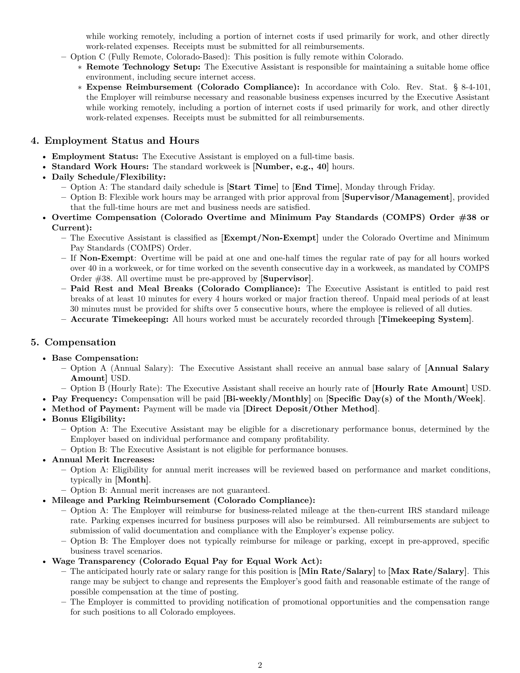 Preview page 2 of Pro Colorado executive assistant employment contract template