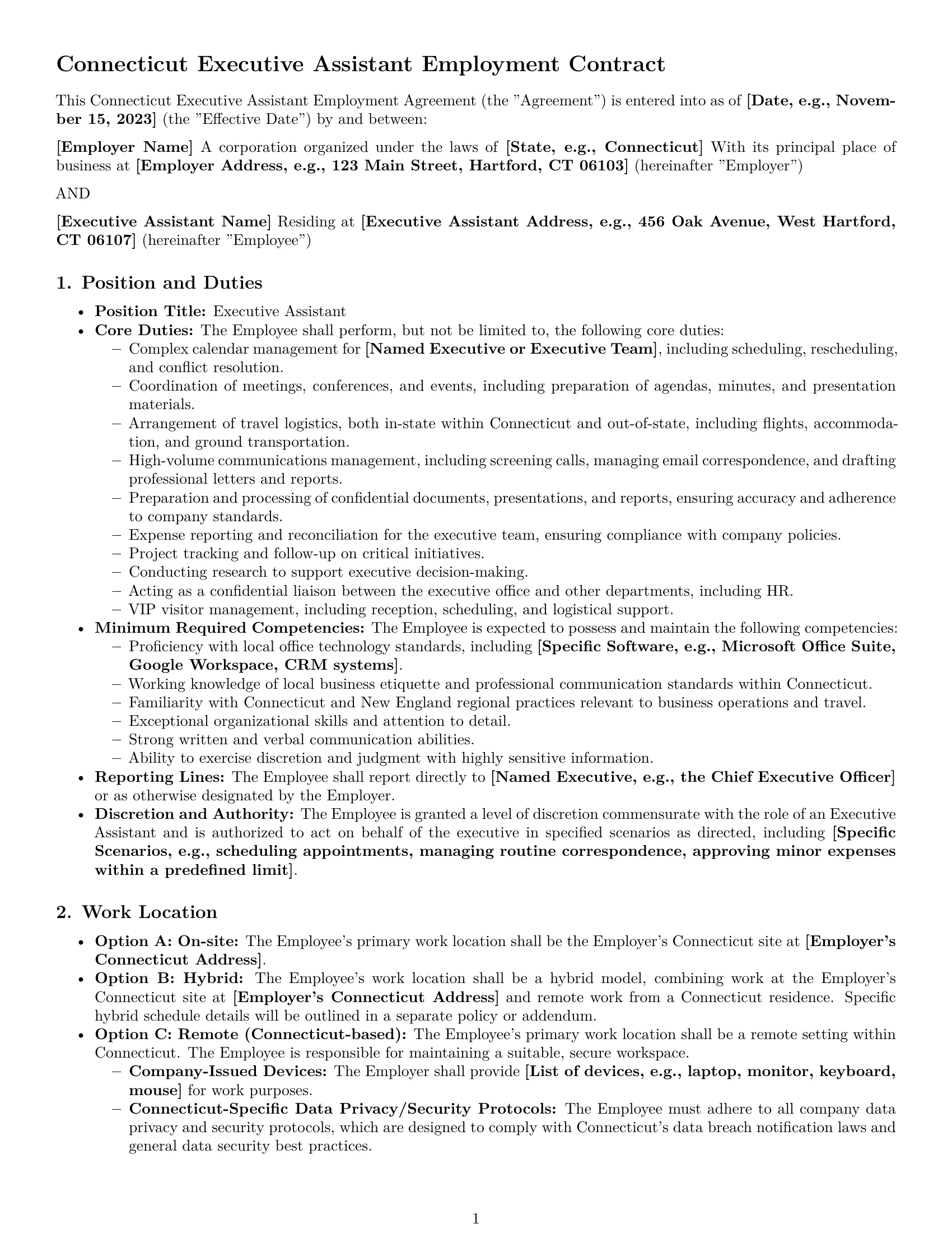 Preview page 1 of Pro Connecticut executive assistant employment contract template