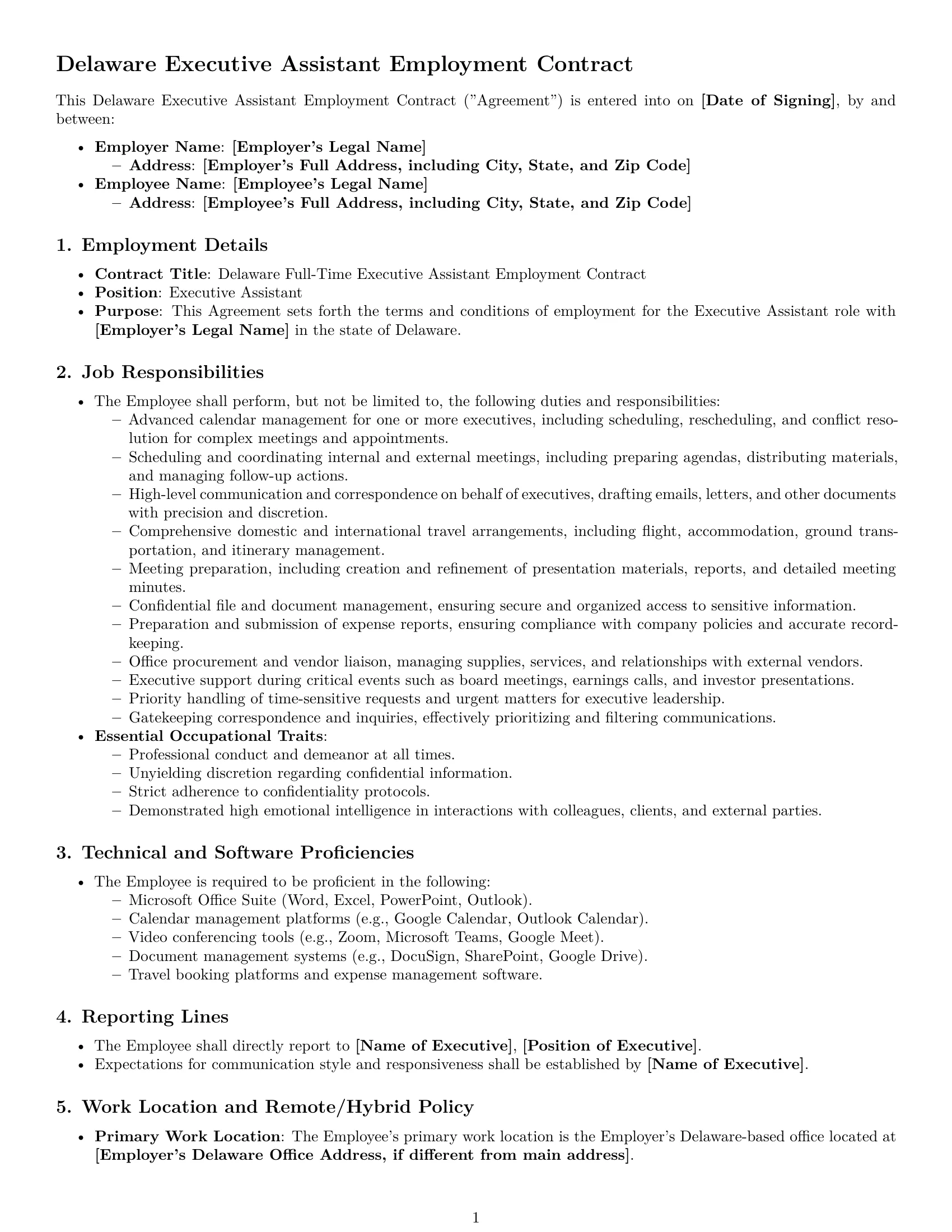 Preview page 1 of Pro Delaware executive assistant employment contract template