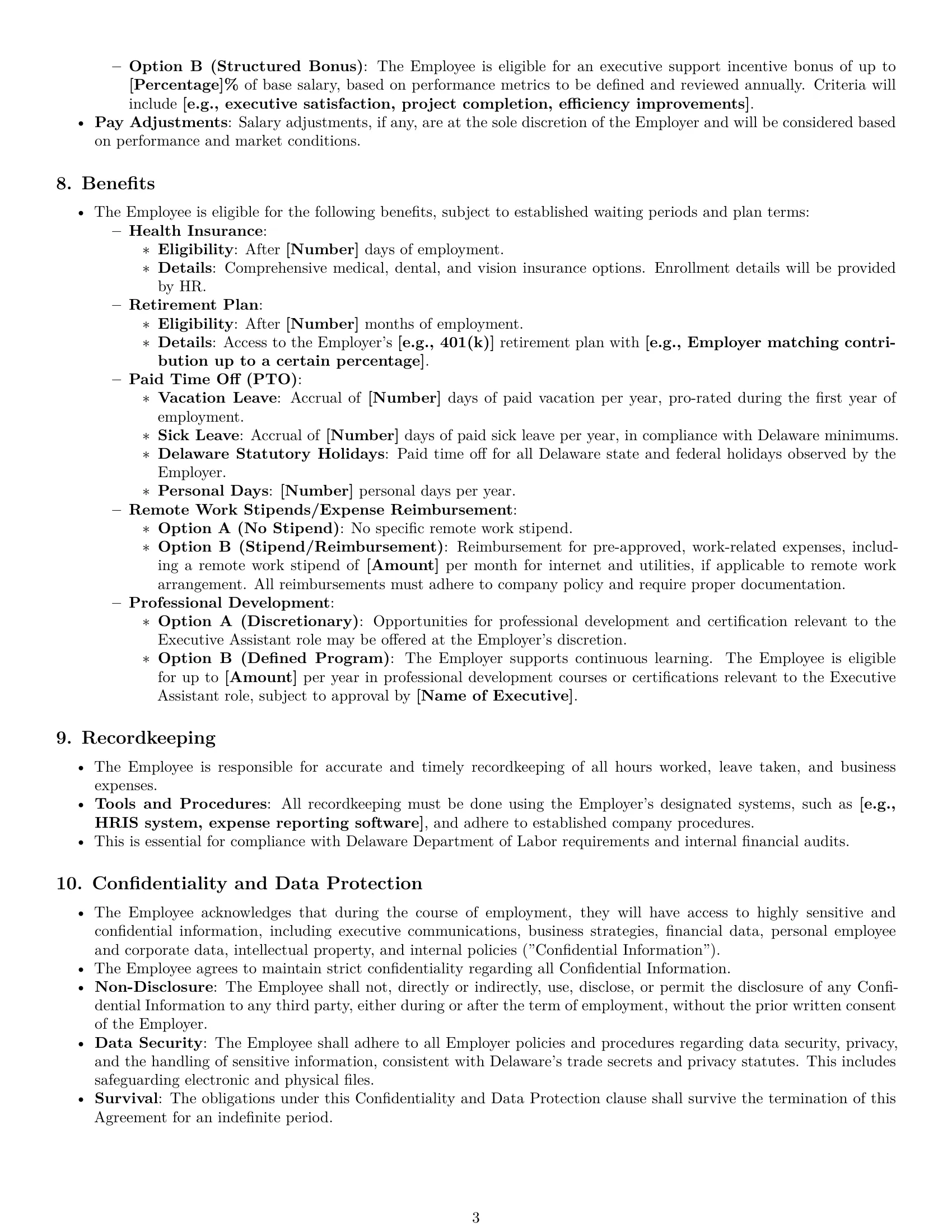 Preview page 3 of Pro Delaware executive assistant employment contract template