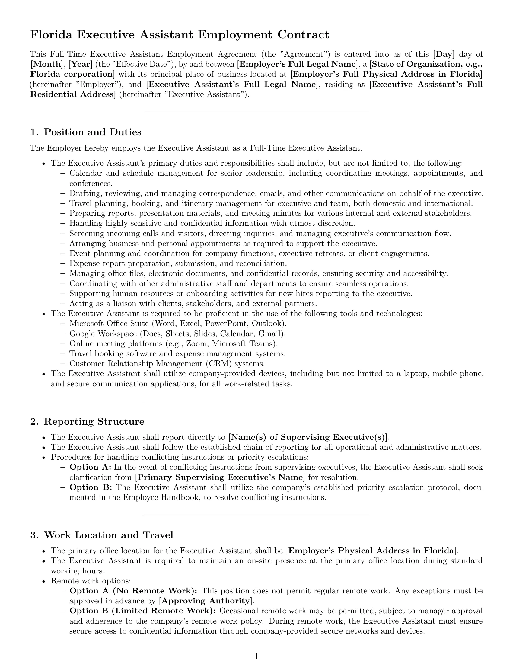 Preview page 1 of Pro Florida executive assistant employment contract template