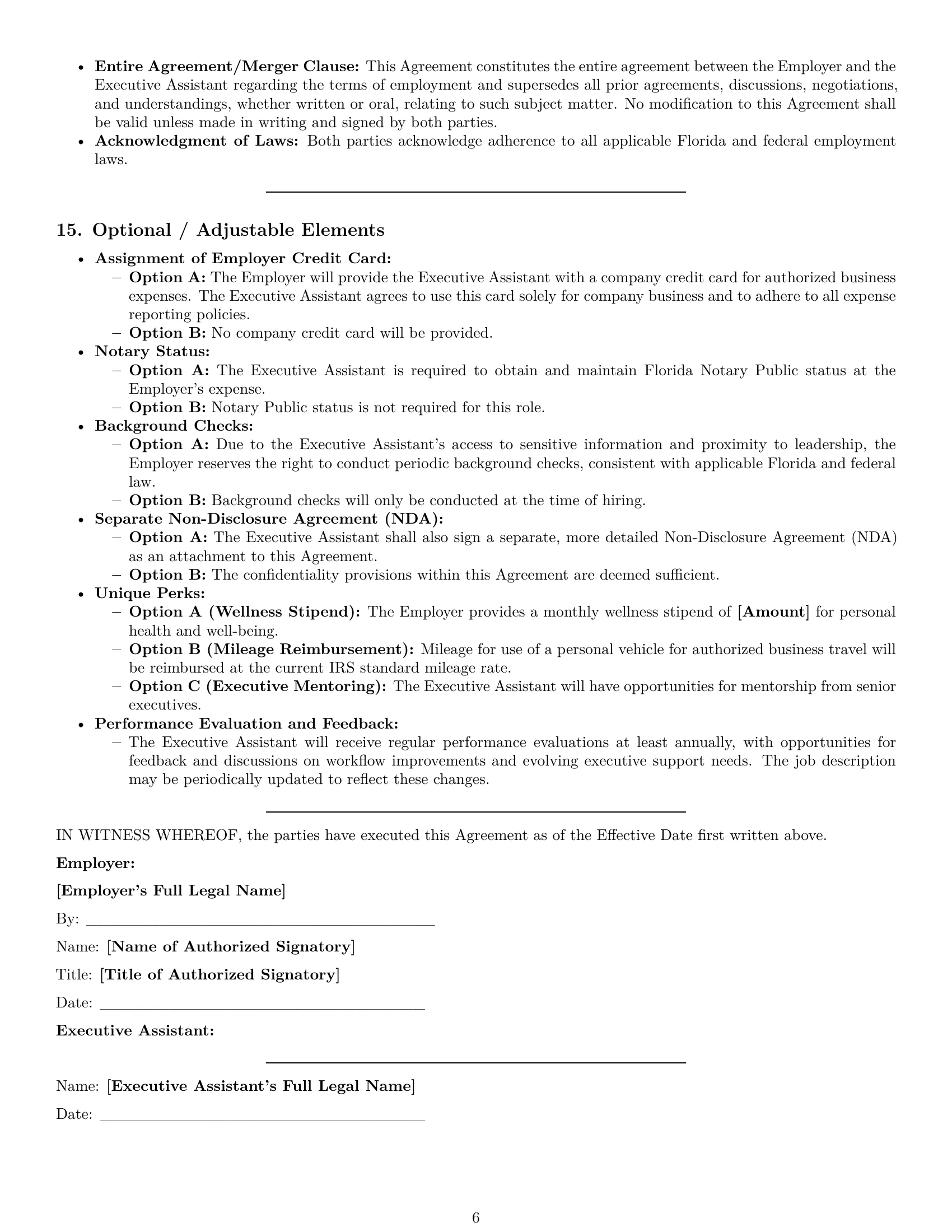 Preview page 6 of Pro Florida executive assistant employment contract template