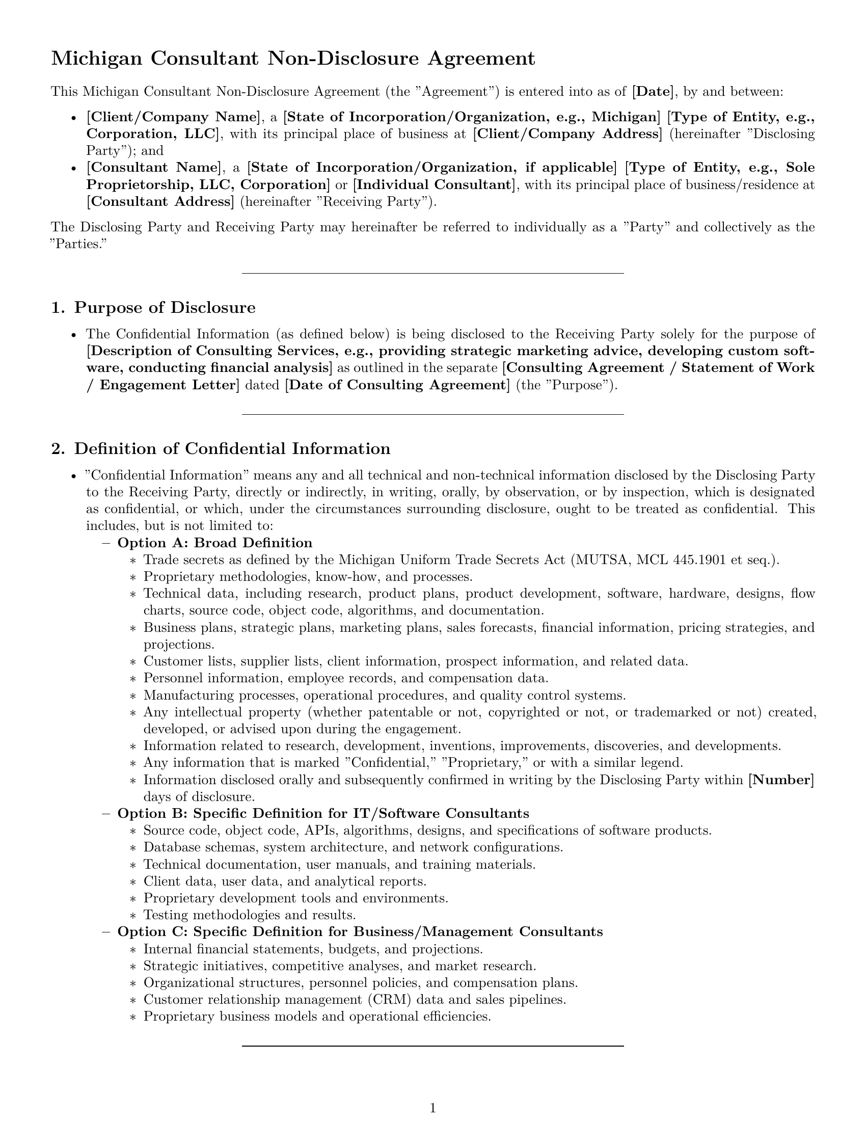 Preview page 1 of Pro Michigan consultant nda template