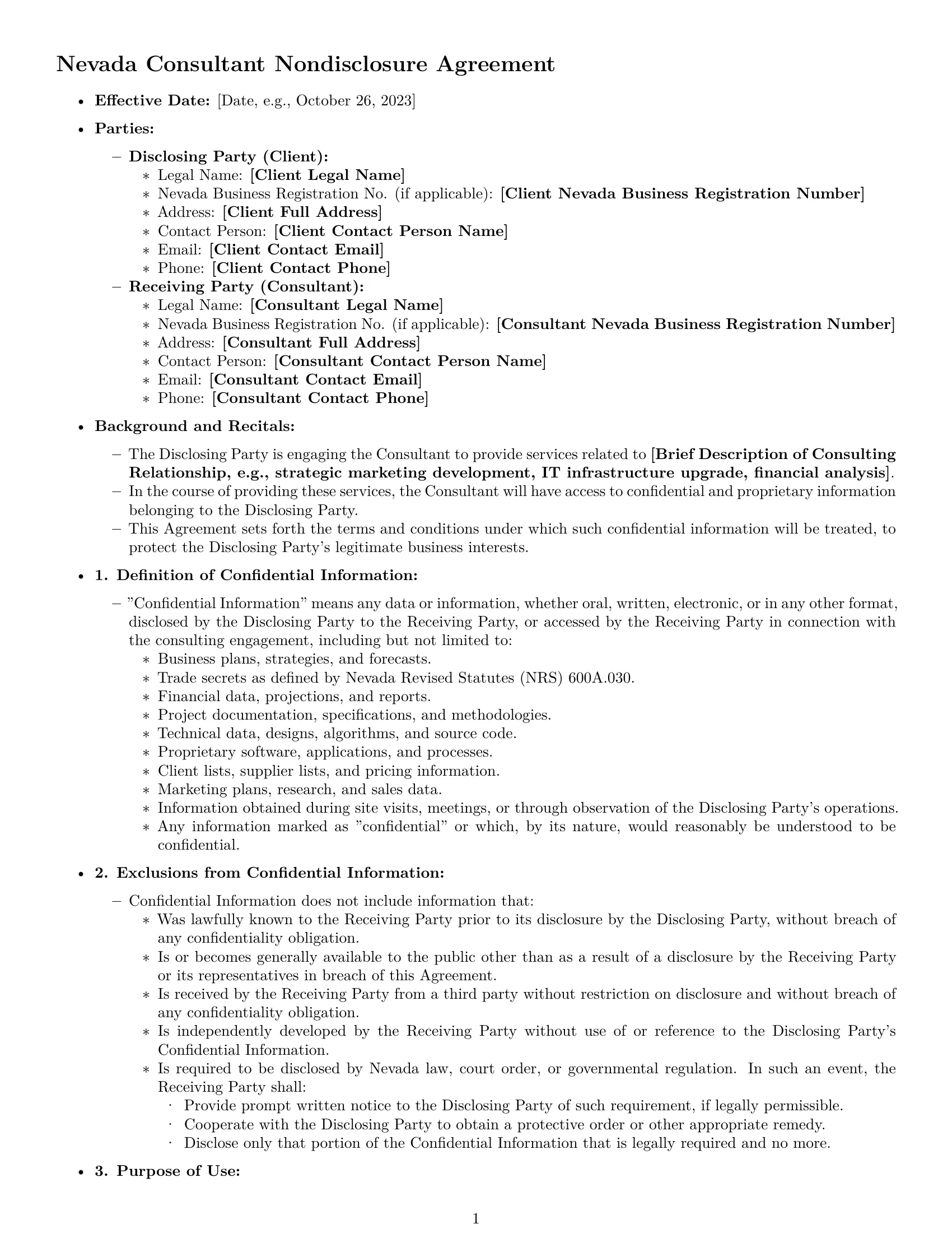 Preview page 1 of Pro Nevada consultant nda template