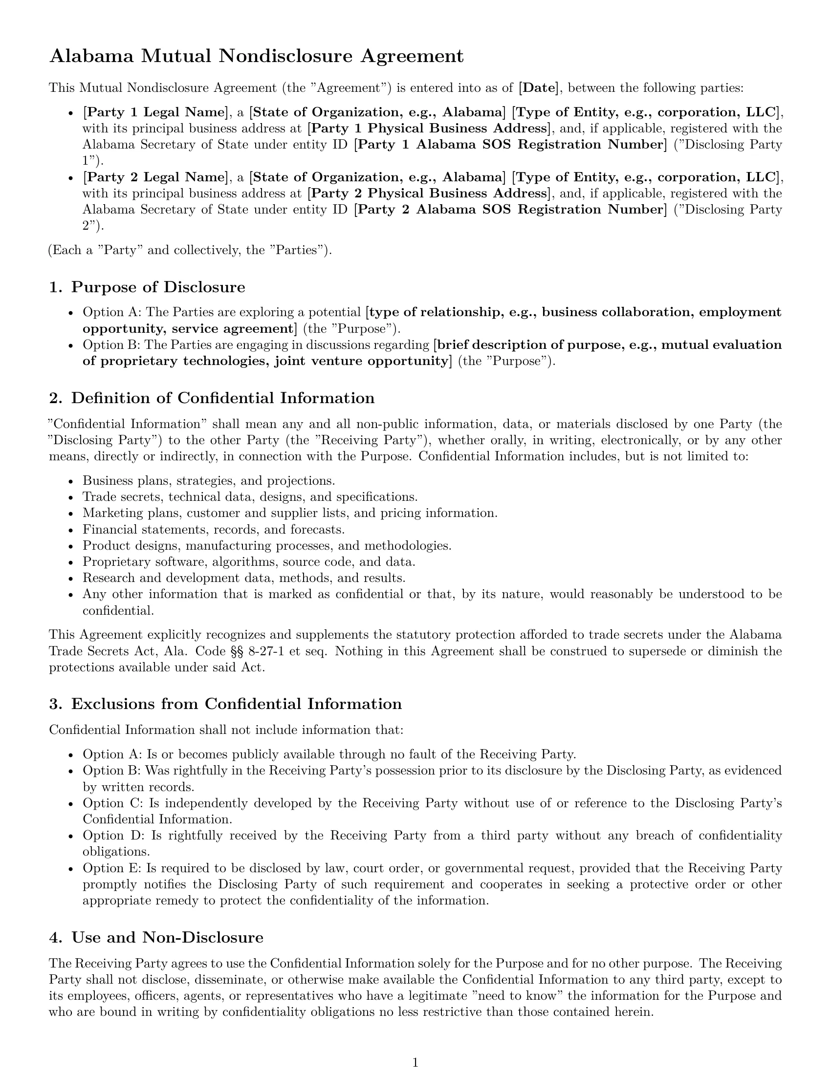 Preview page 1 of Pro Alabama mutual nda template