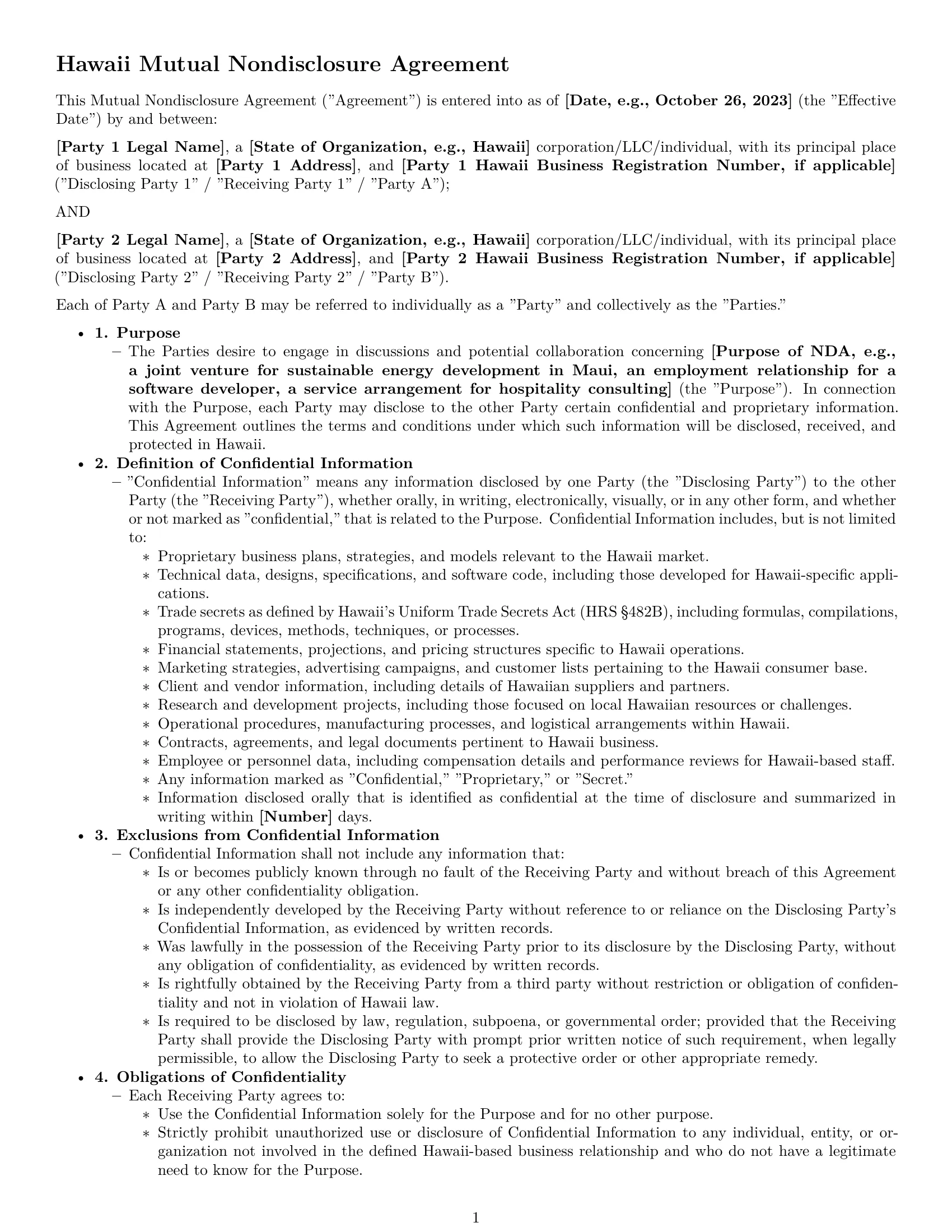 Preview page 1 of Pro Hawaii mutual nda template