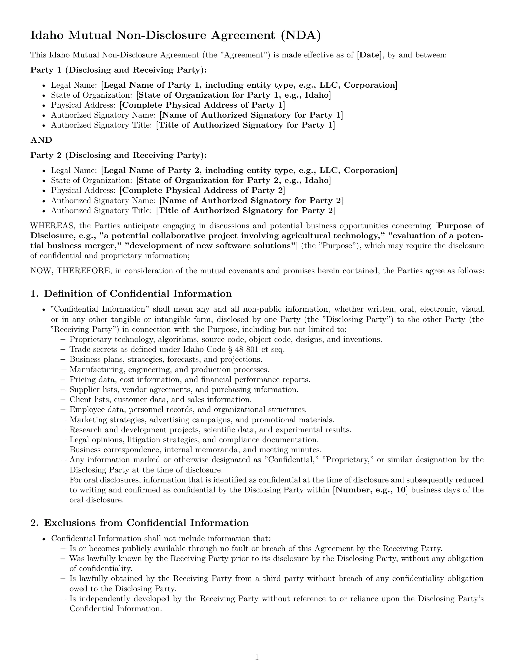 Preview page 1 of Pro Idaho mutual nda template