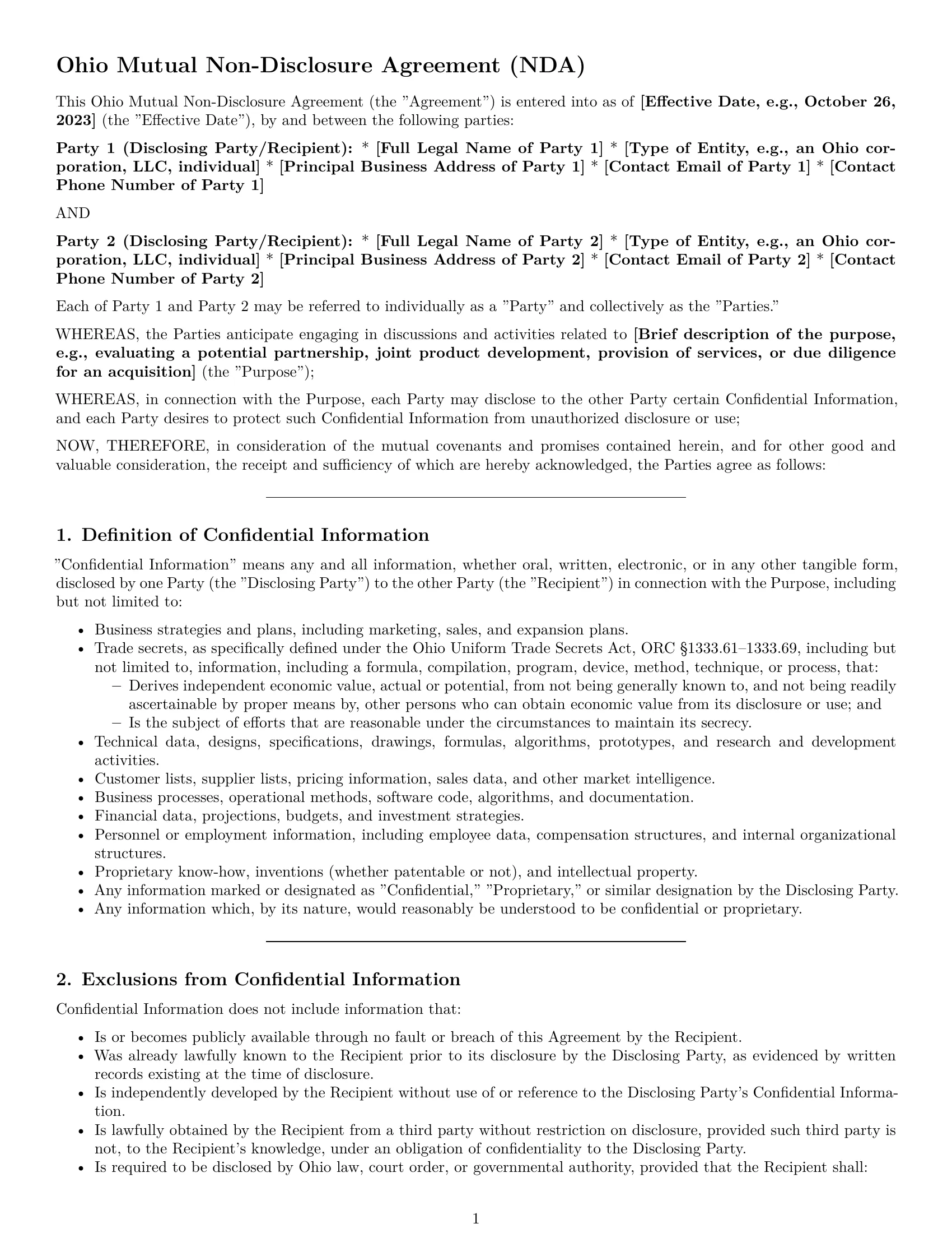 Preview page 1 of Pro Ohio mutual nda template