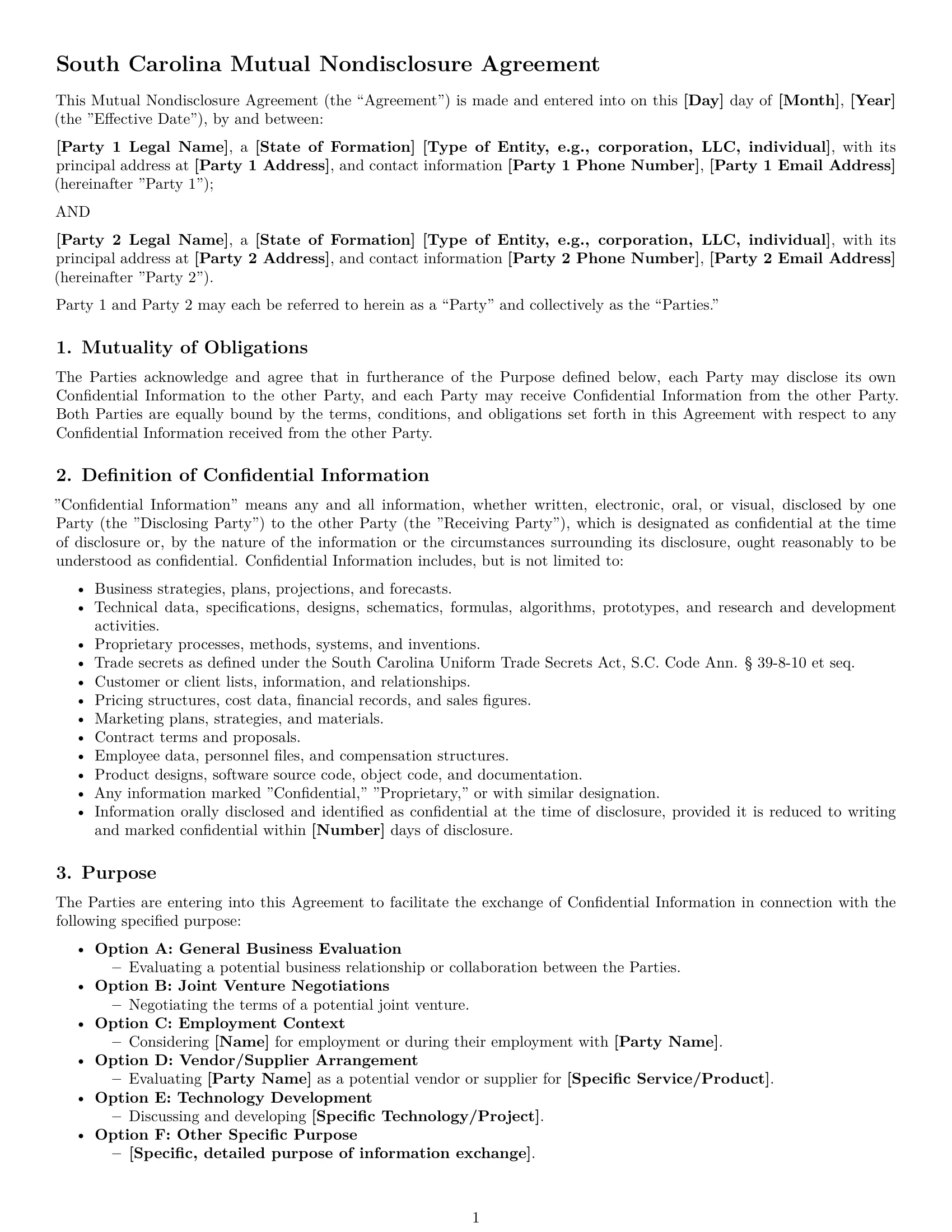 Preview page 1 of Pro South Carolina mutual nda template