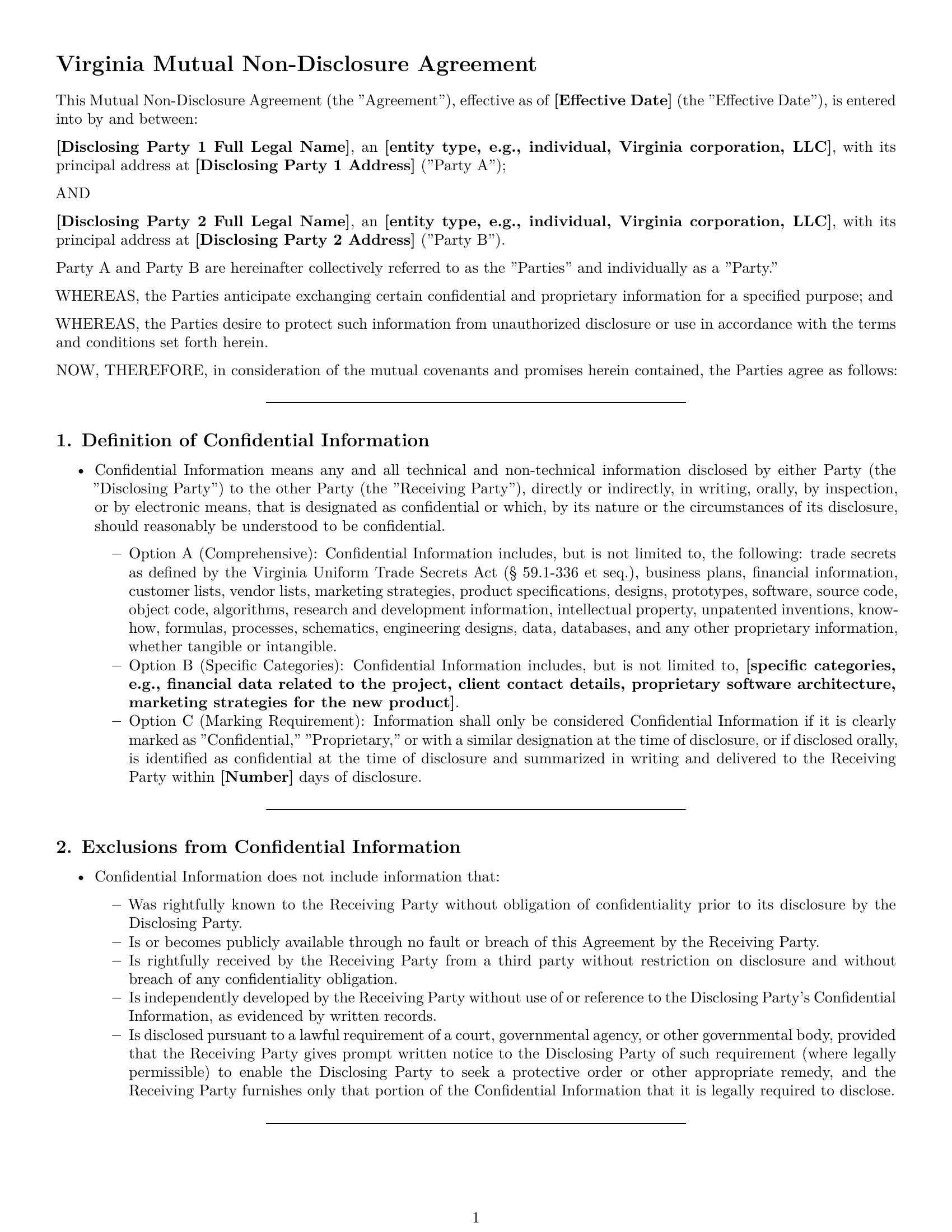 Preview page 1 of Pro Virginia mutual nda template