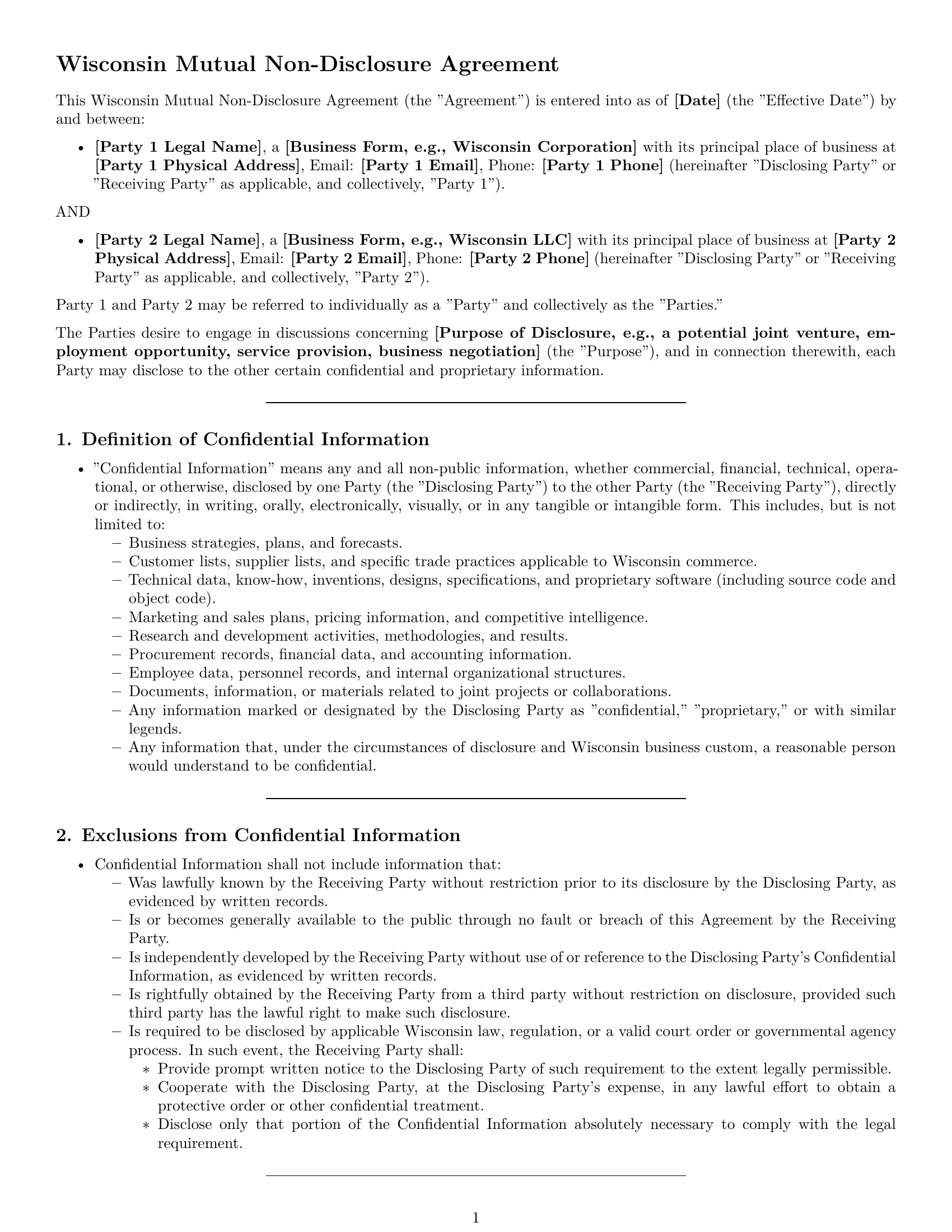 Preview page 1 of Pro Wisconsin mutual nda template