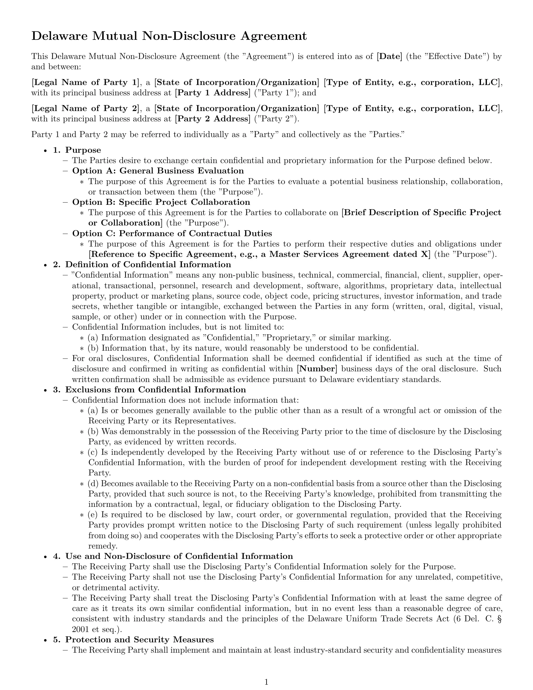 Preview page 1 of Pro Delaware mutual nda template