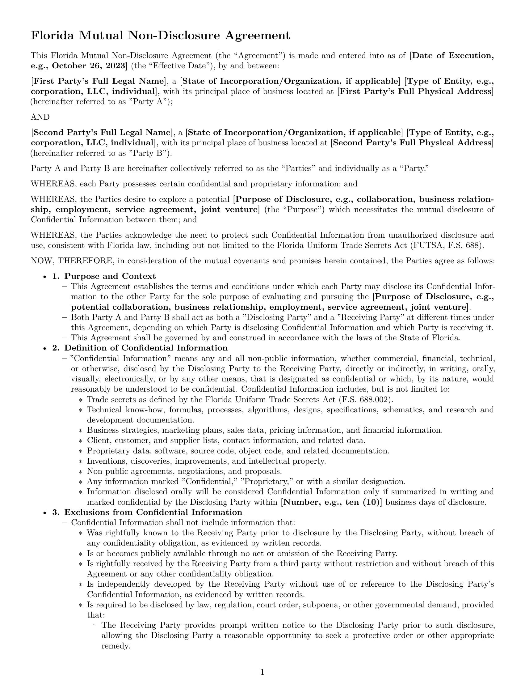 Preview page 1 of Pro Florida mutual nda template