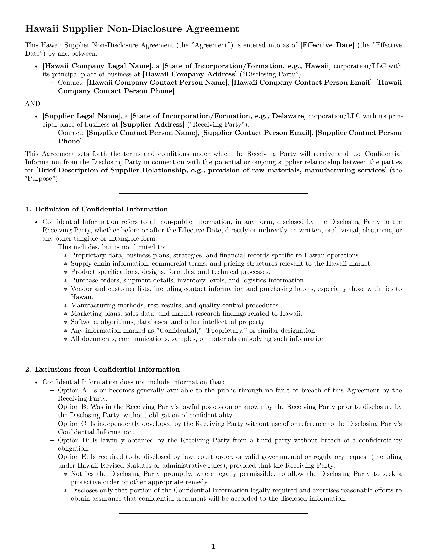 Preview page 1 of Pro Hawaii supplier nda template