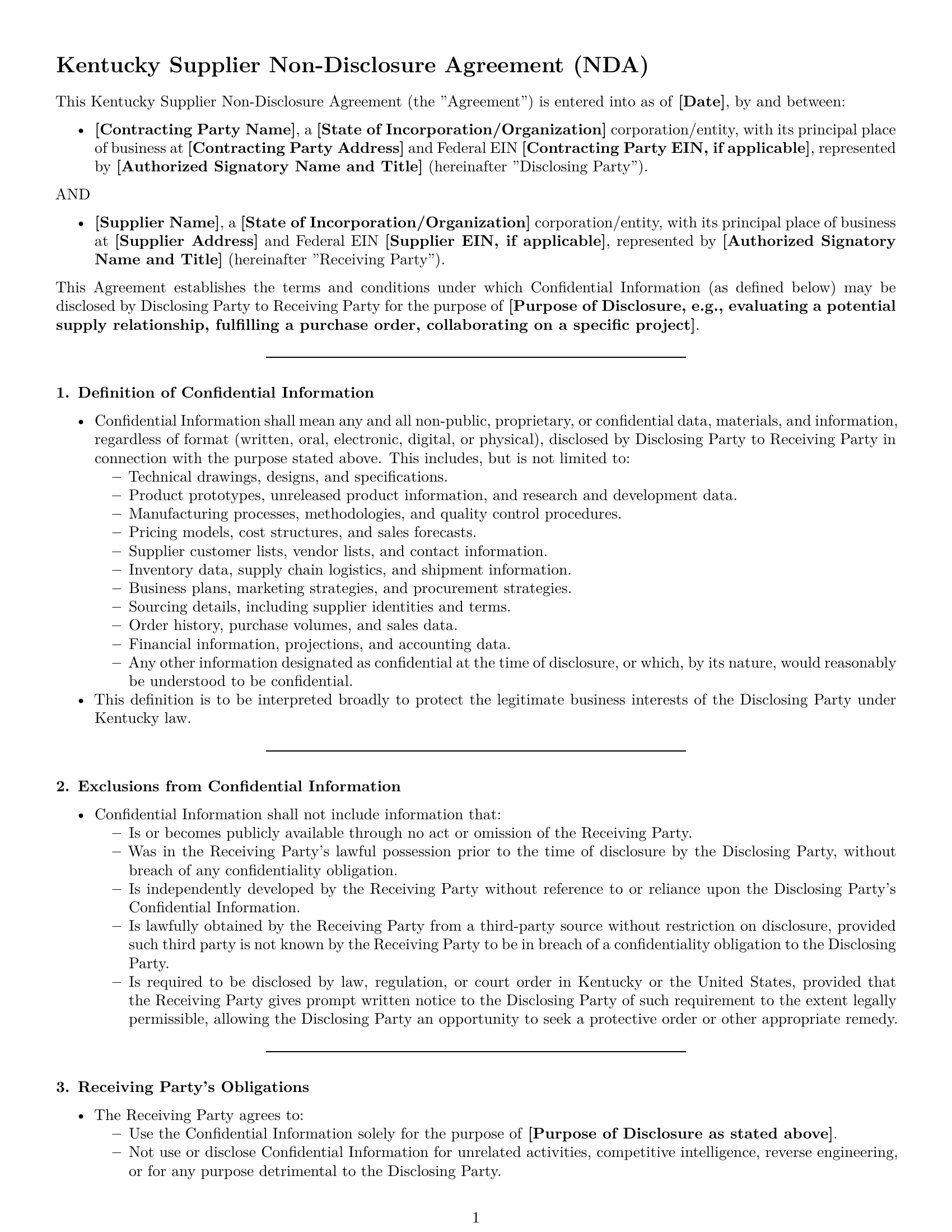 Preview page 1 of Pro Kentucky supplier nda template