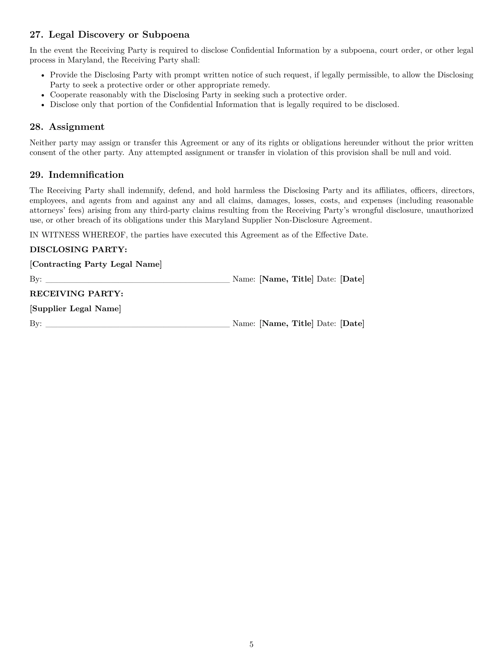 Preview page 5 of Pro Maryland supplier nda template