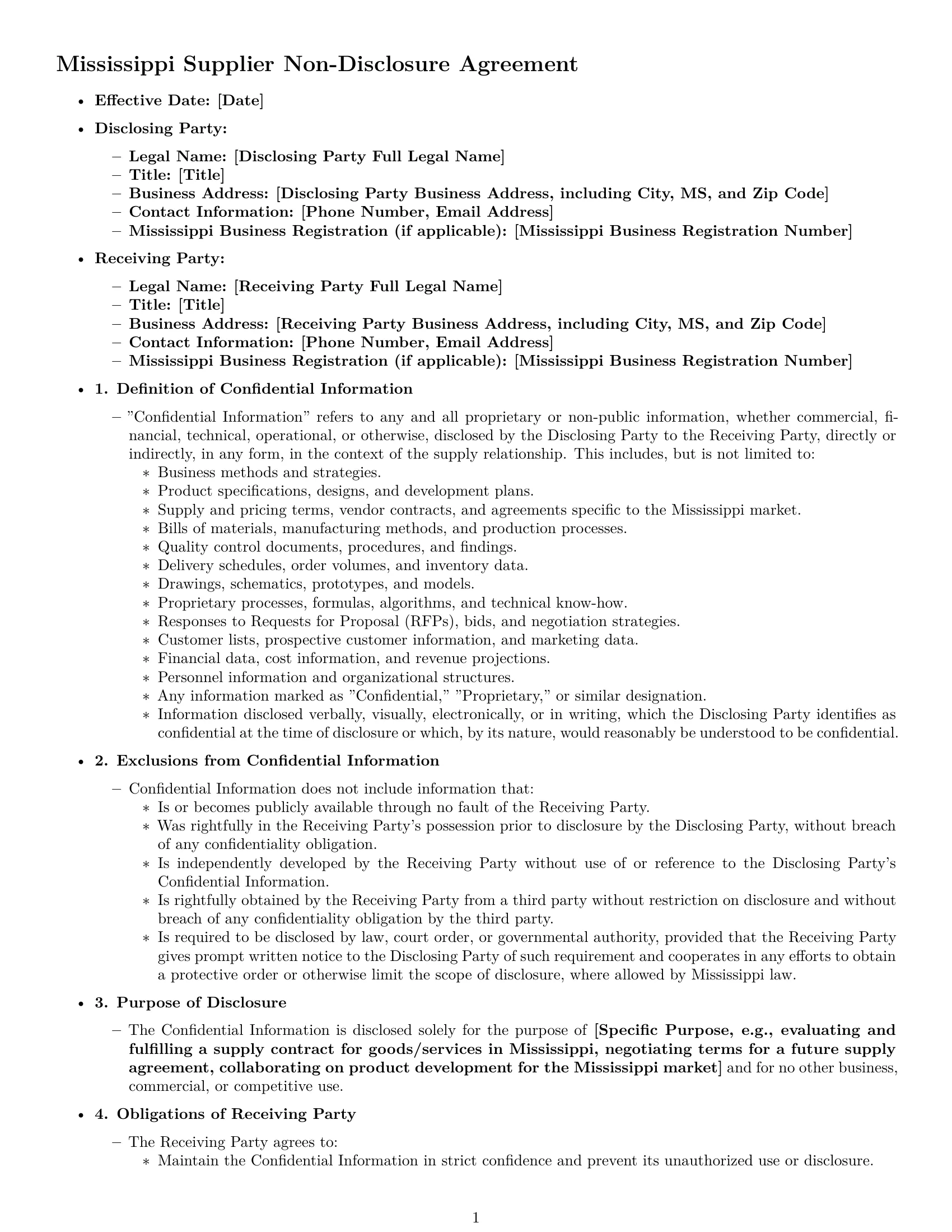 Preview page 1 of Pro Mississippi supplier nda template