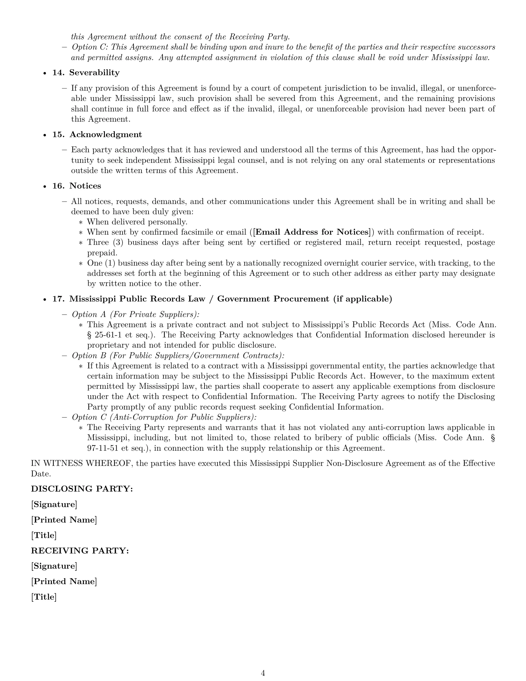 Preview page 4 of Pro Mississippi supplier nda template