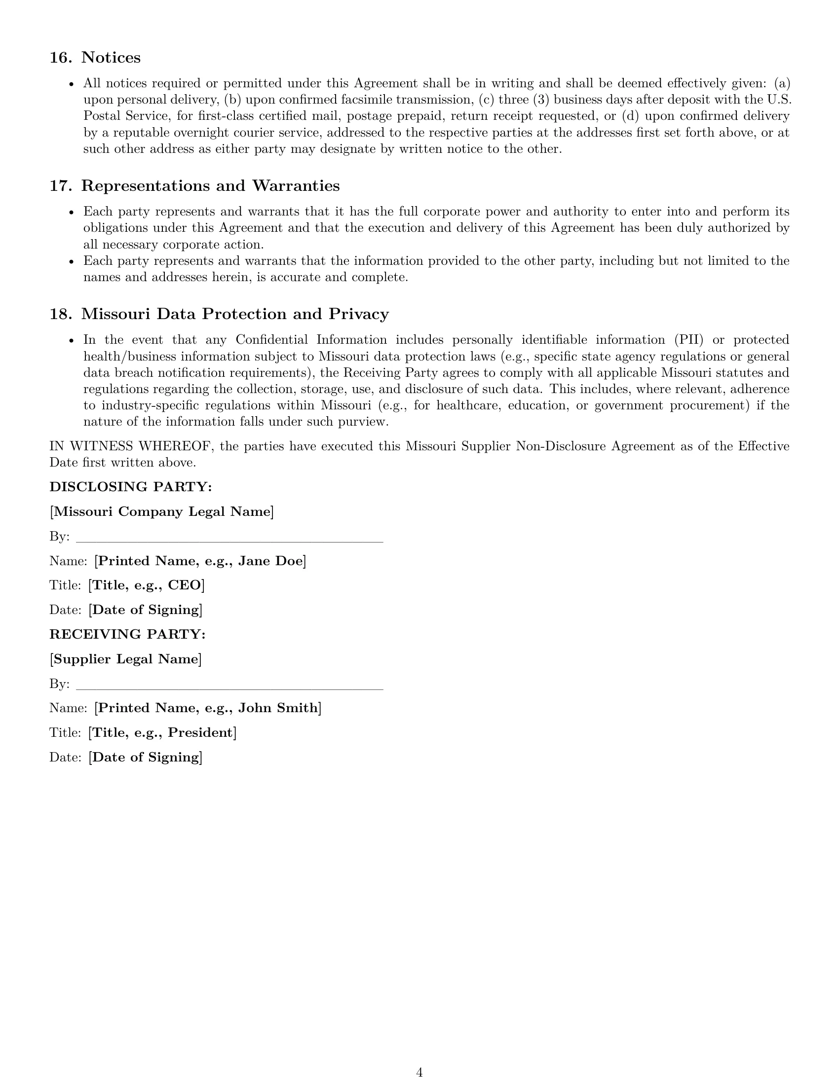 Preview page 4 of Pro Missouri supplier nda template