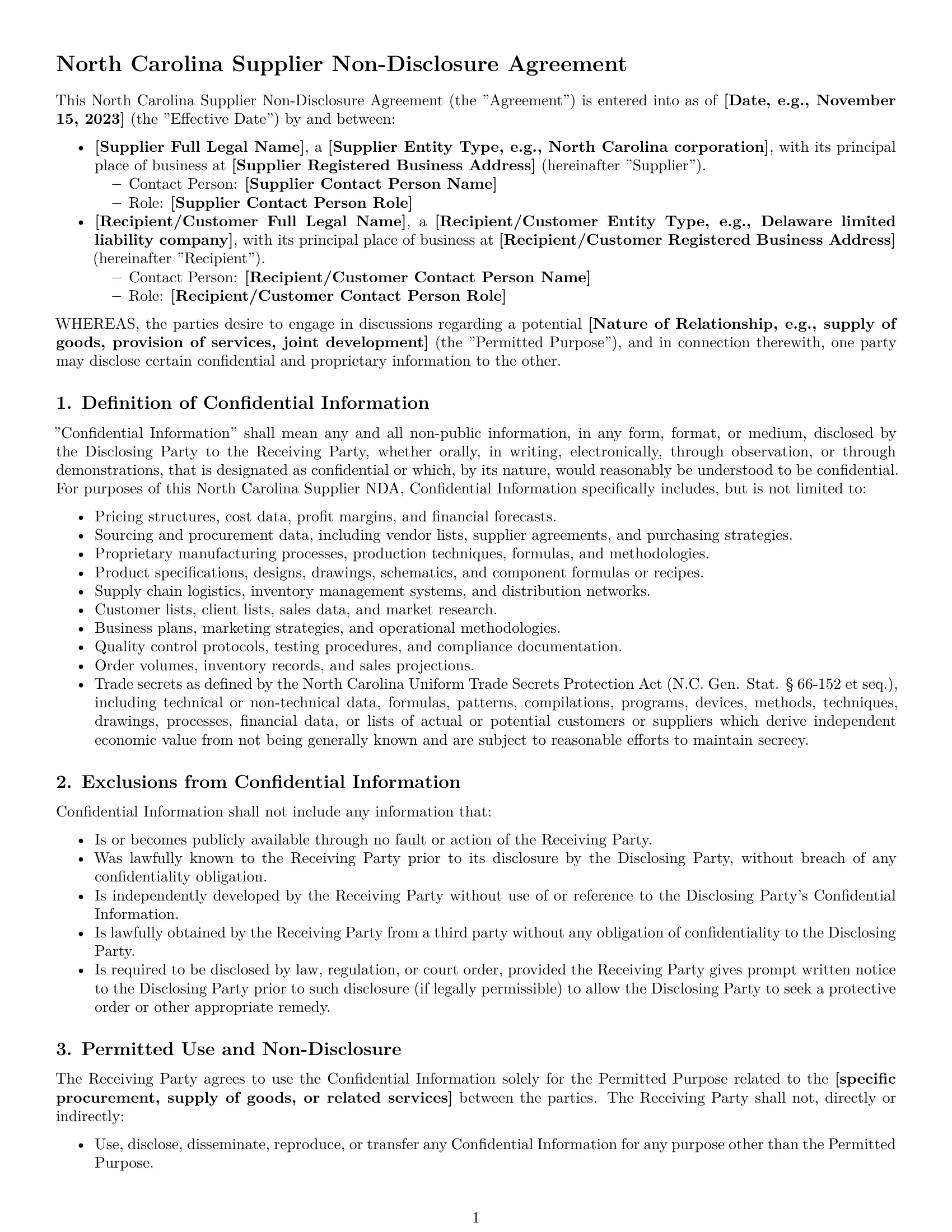 Preview page 1 of Pro North Carolina supplier nda template