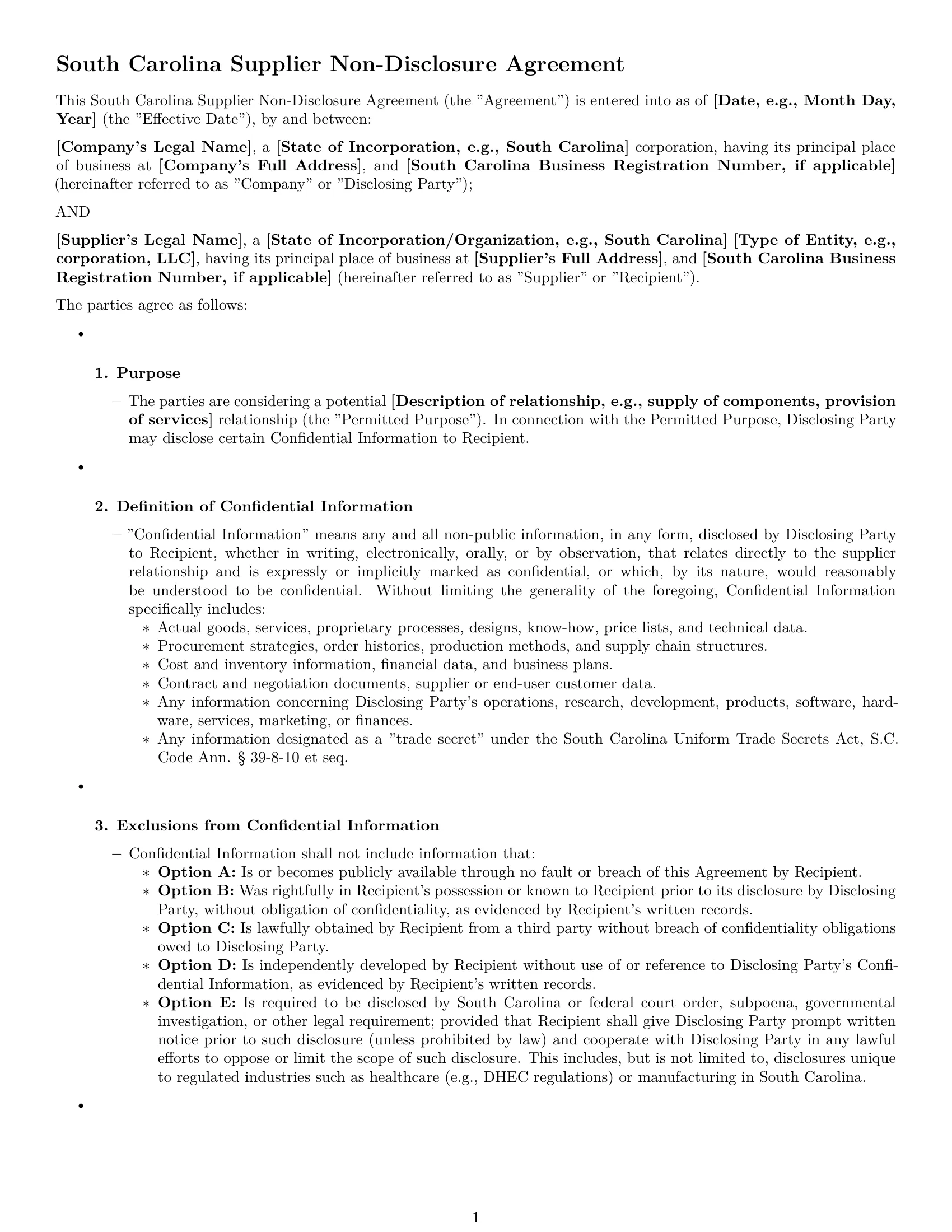 Preview page 1 of Pro South Carolina supplier nda template