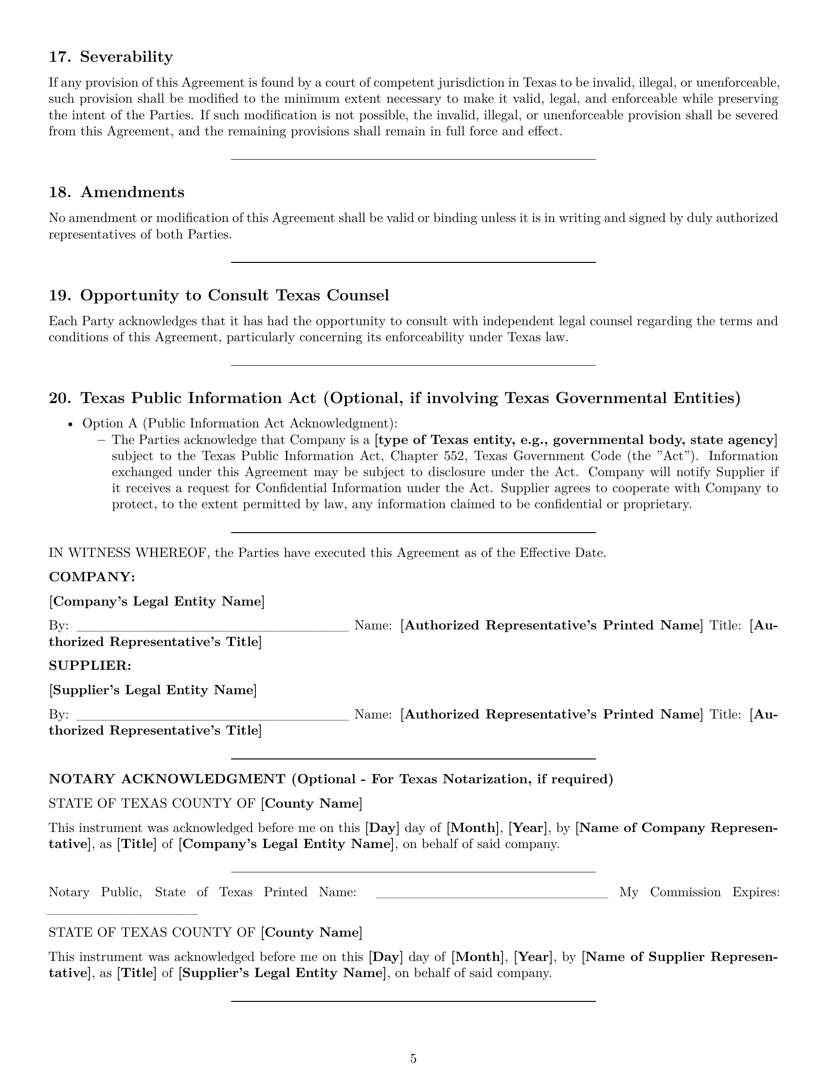 Preview page 5 of Pro Texas supplier nda template