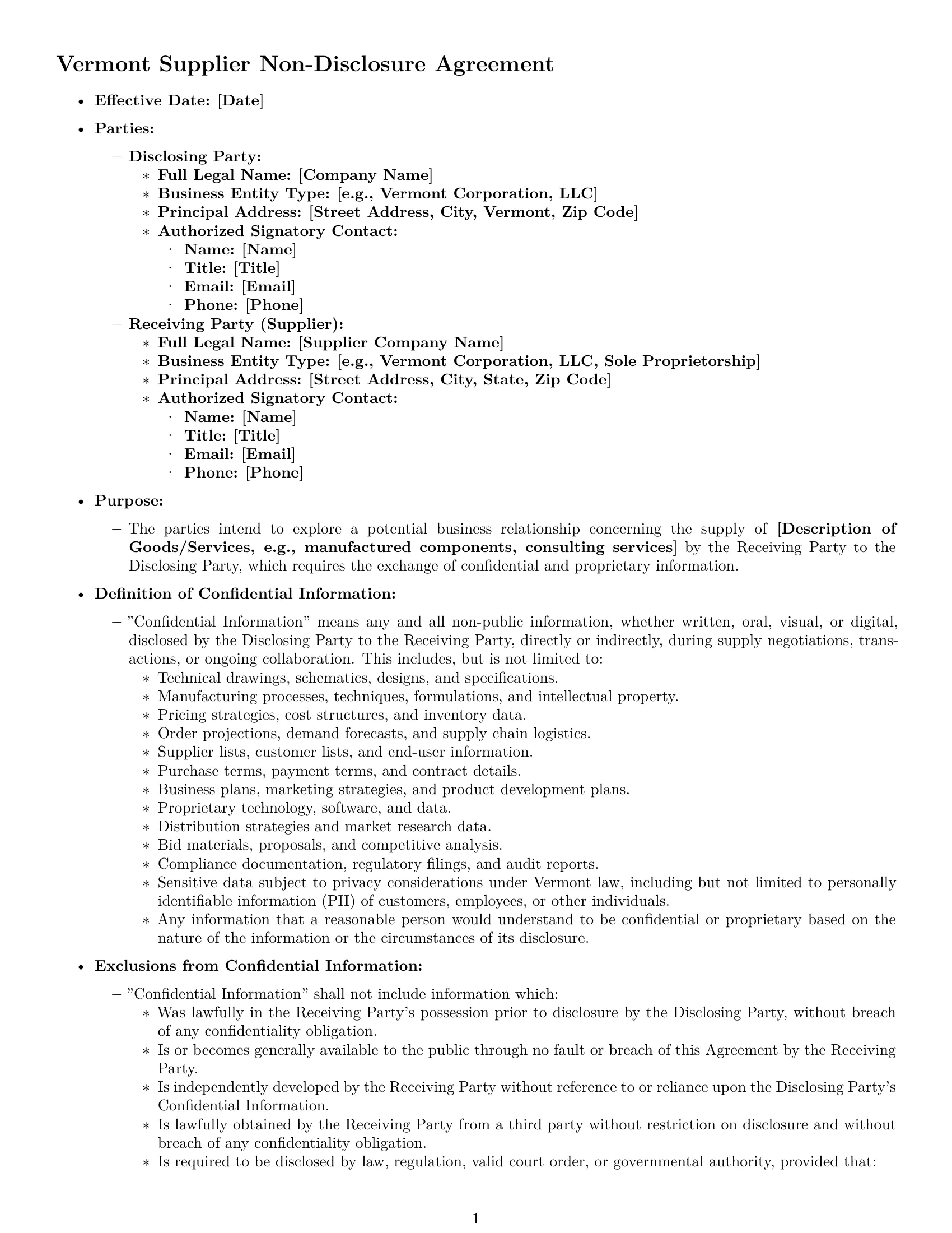 Preview page 1 of Pro Vermont supplier nda template