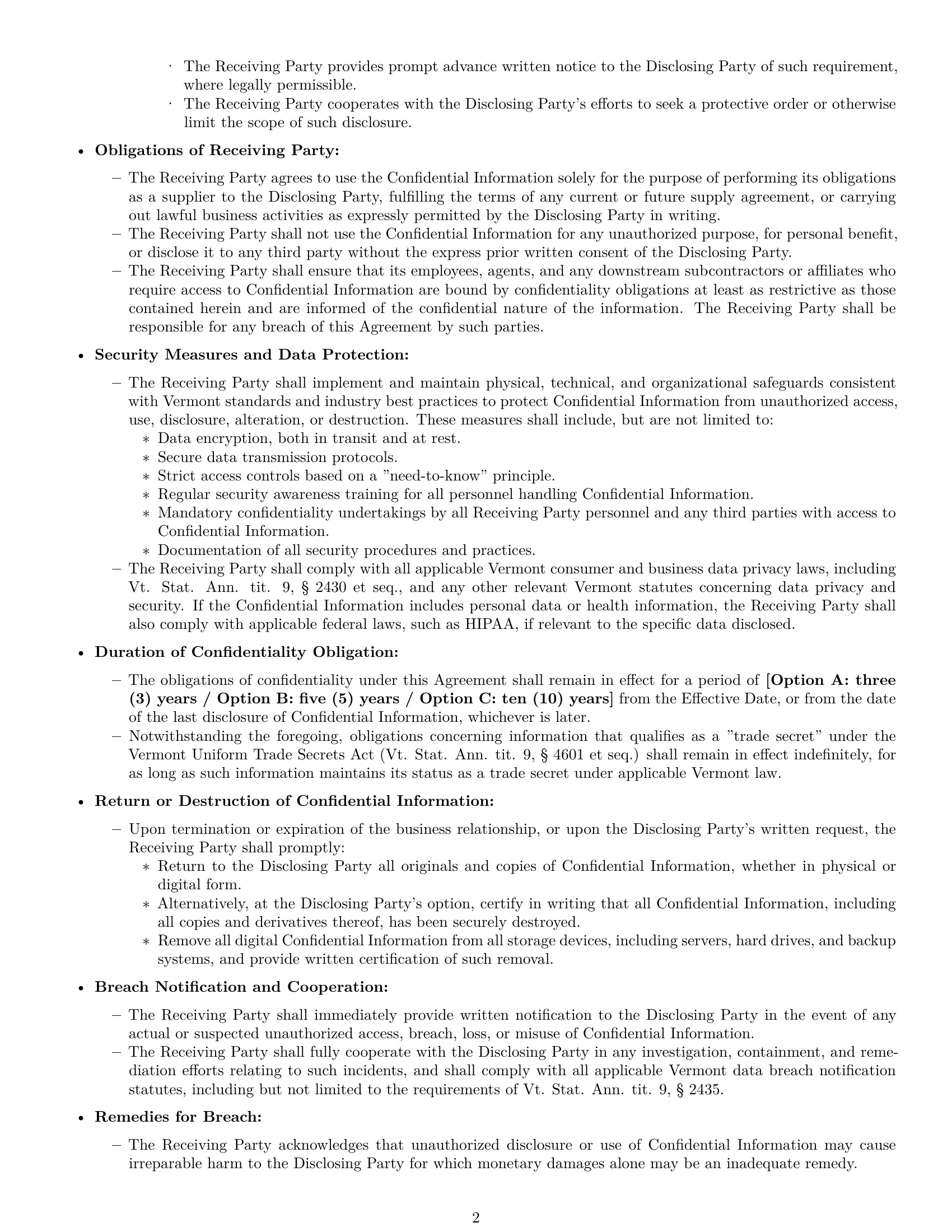 Preview page 2 of Pro Vermont supplier nda template