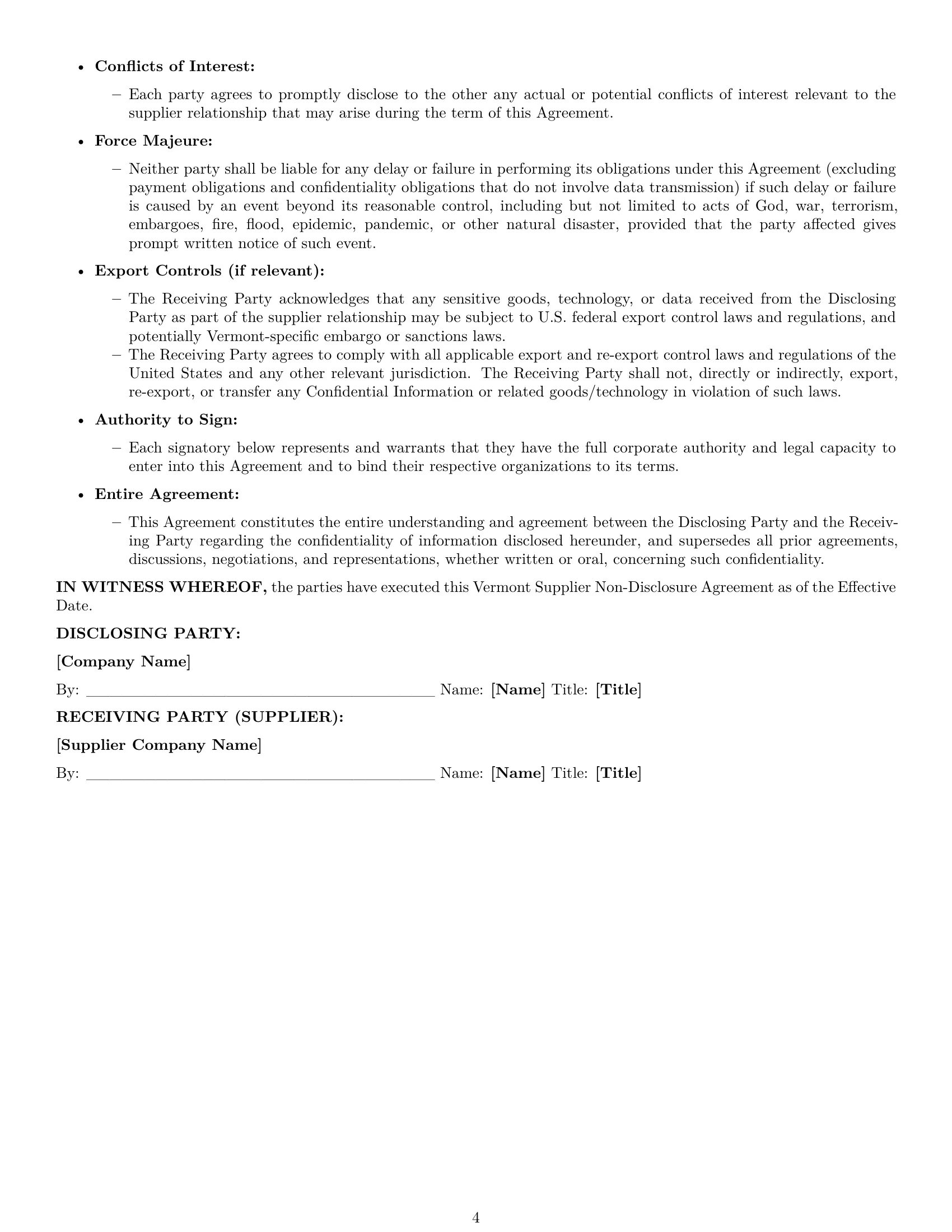 Preview page 4 of Pro Vermont supplier nda template