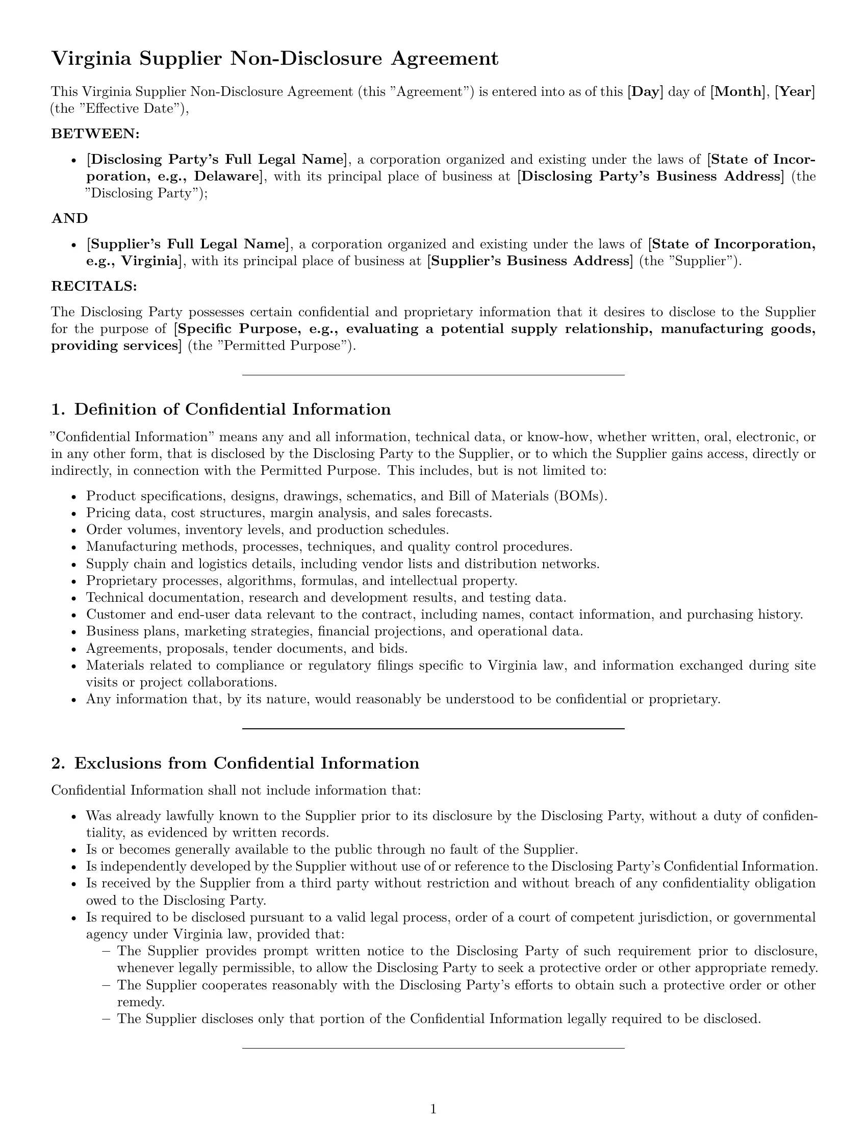 Preview page 1 of Pro Virginia supplier nda template
