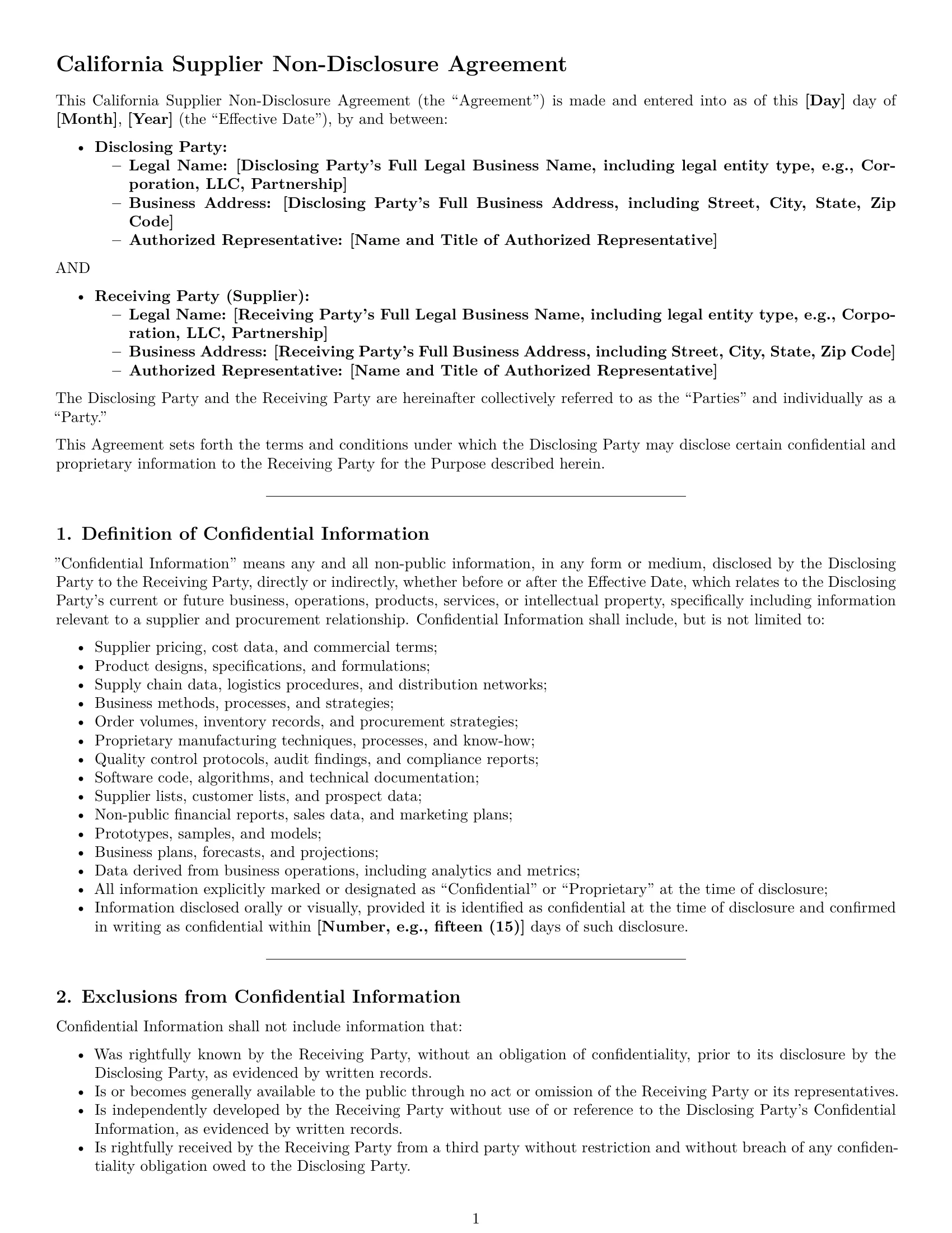 Preview page 1 of Pro California supplier nda template