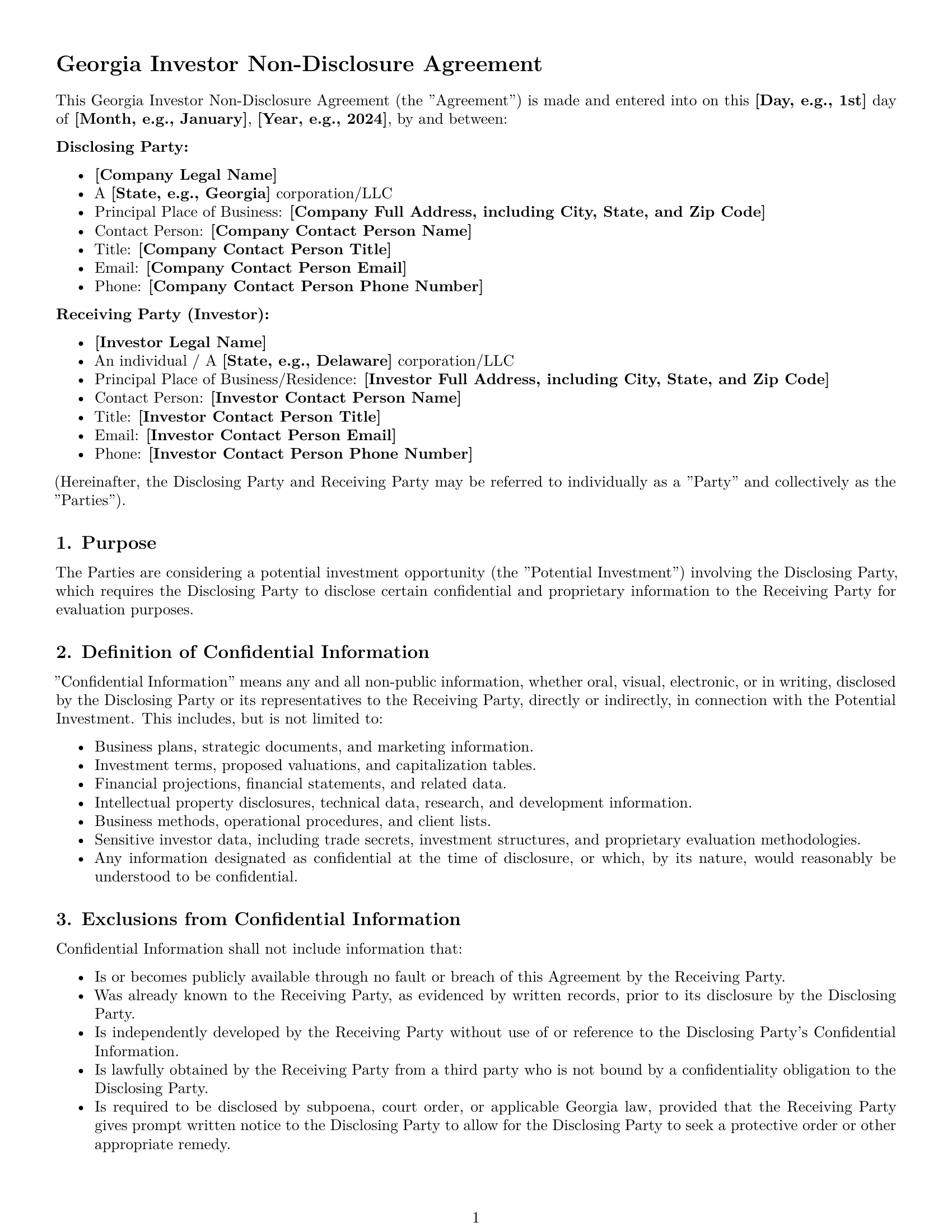 Preview page 1 of Pro Georgia investor nda template