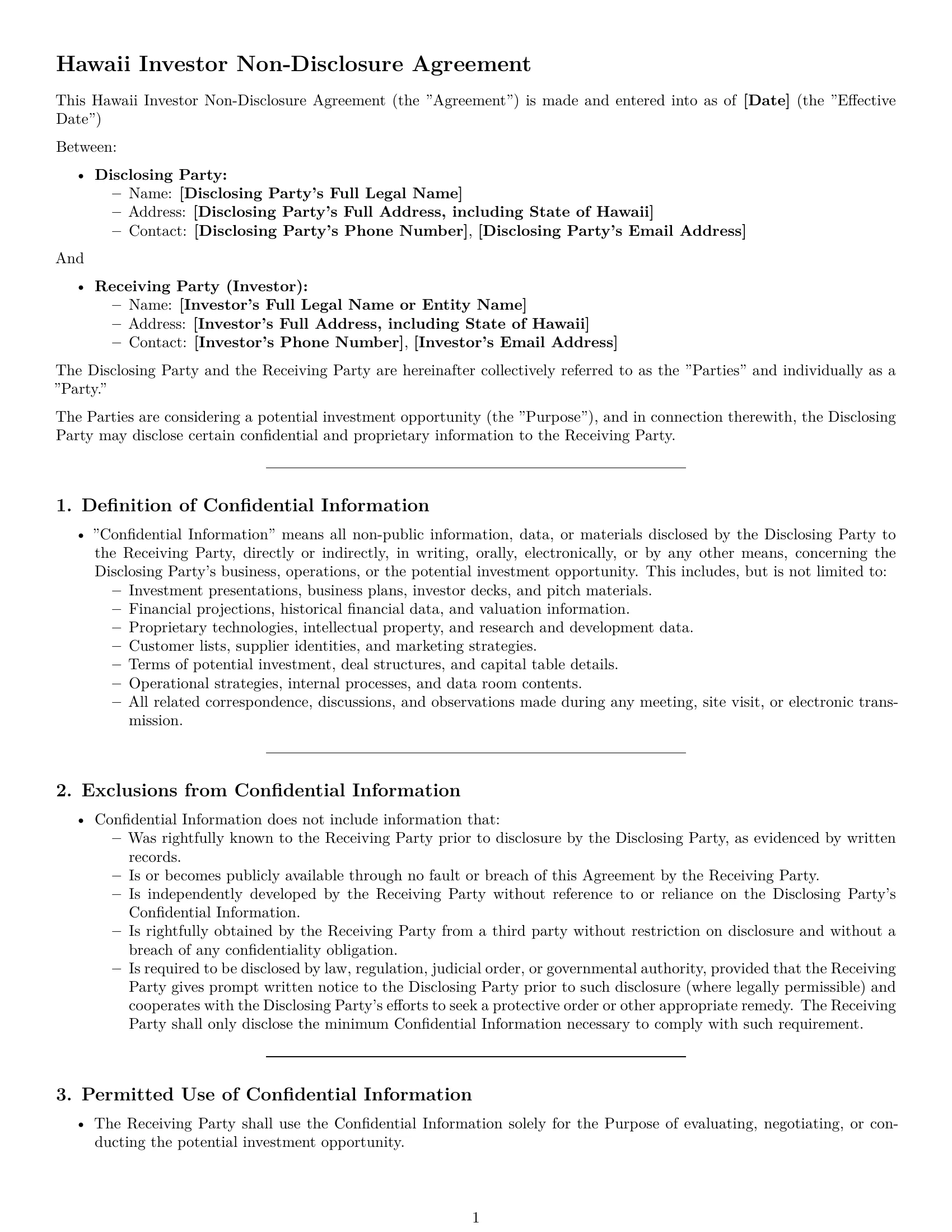 Preview page 1 of Pro Hawaii investor nda template