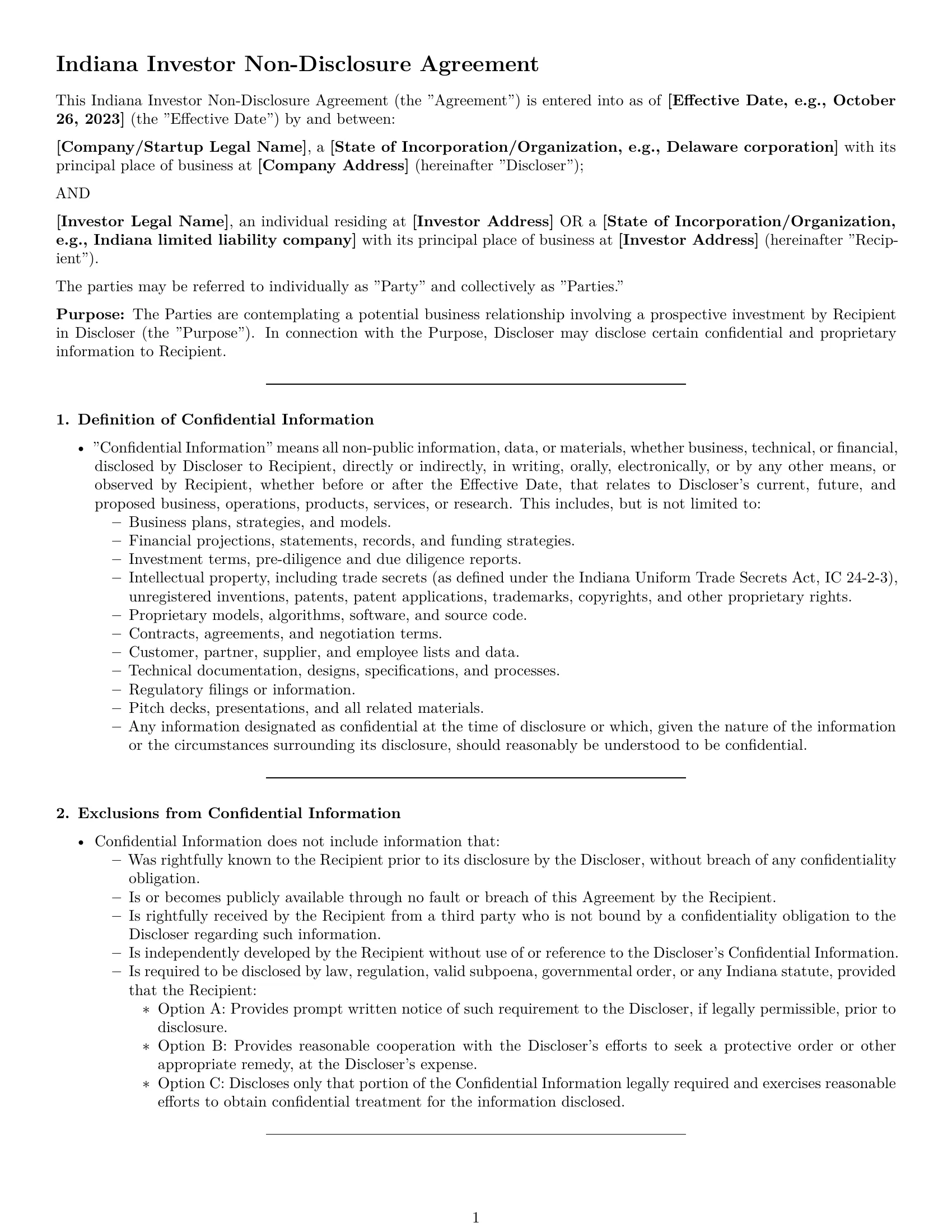 Preview page 1 of Pro Indiana investor nda template