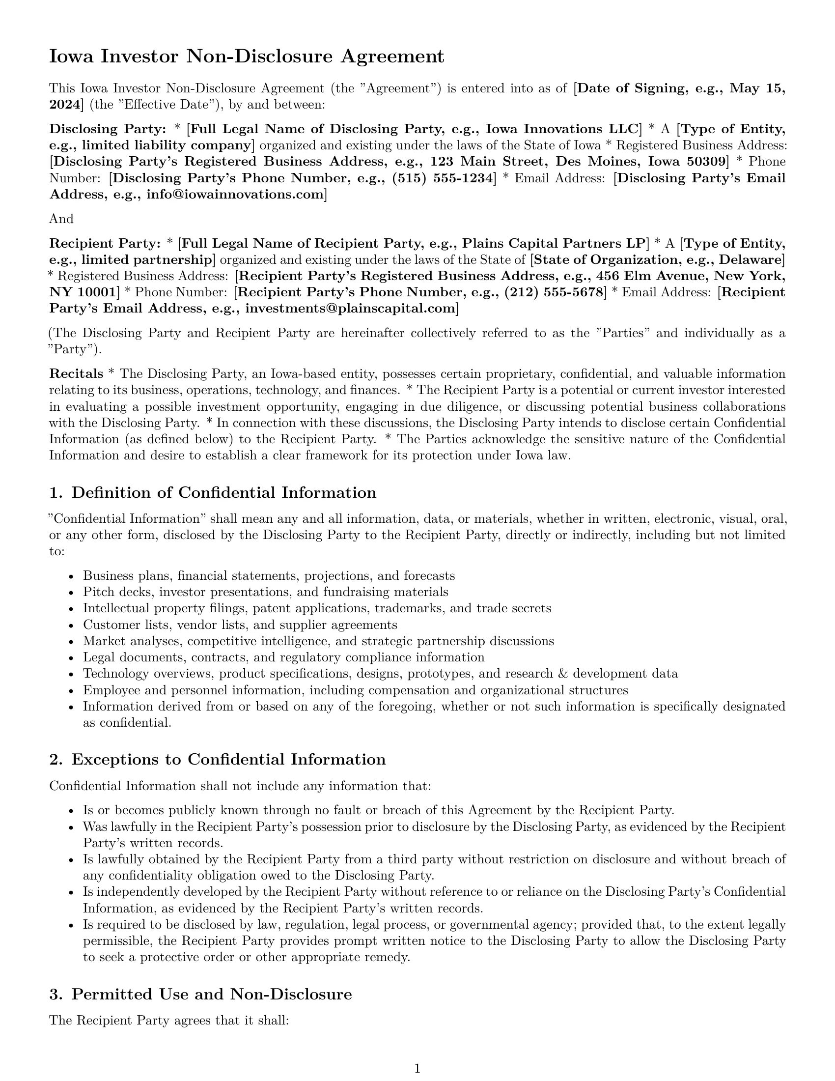 Preview page 1 of Pro Iowa investor nda template