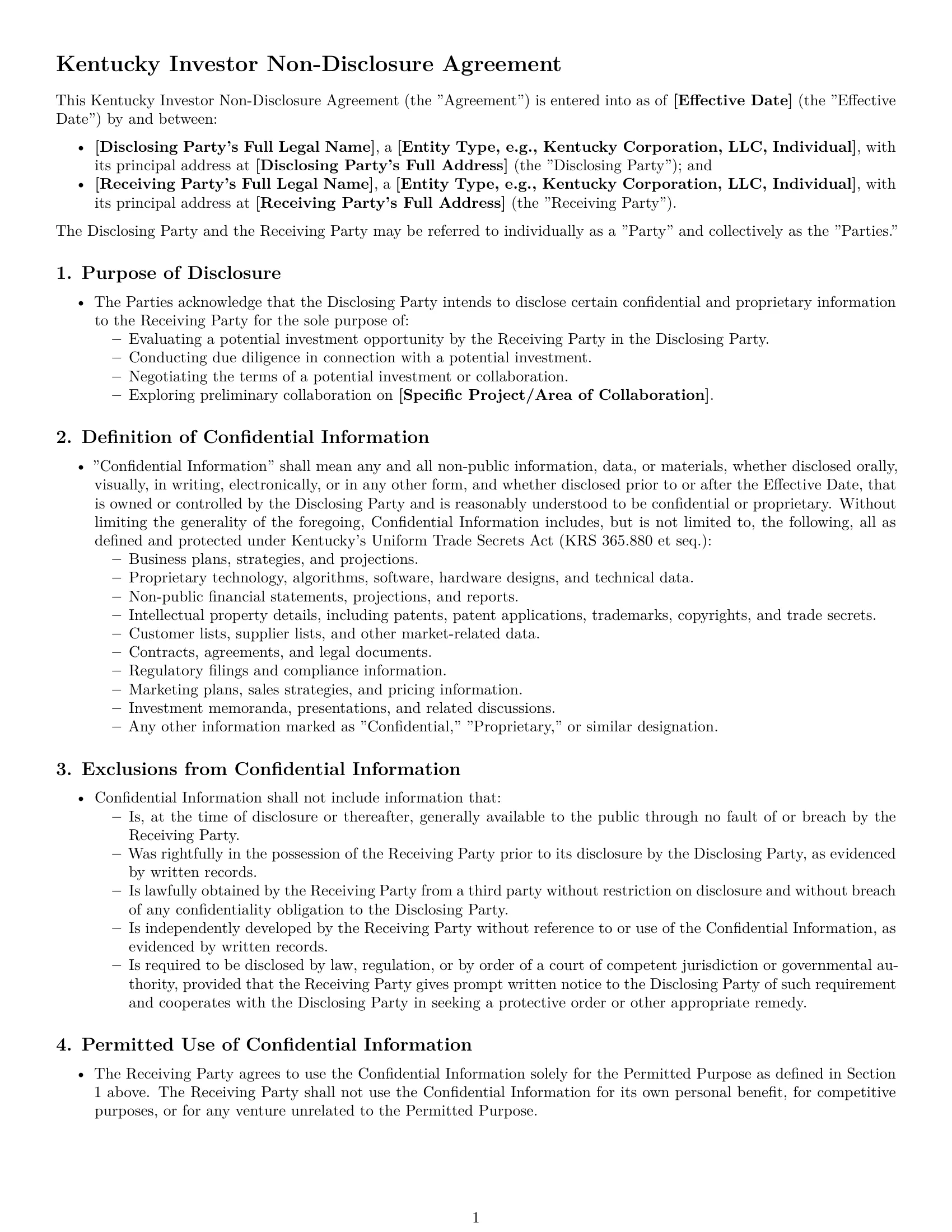 Preview page 1 of Pro Kentucky investor nda template