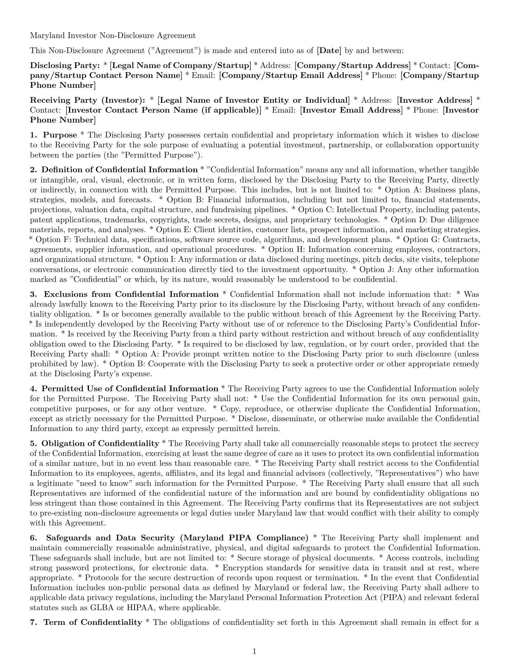 Preview page 1 of Pro Maryland investor nda template