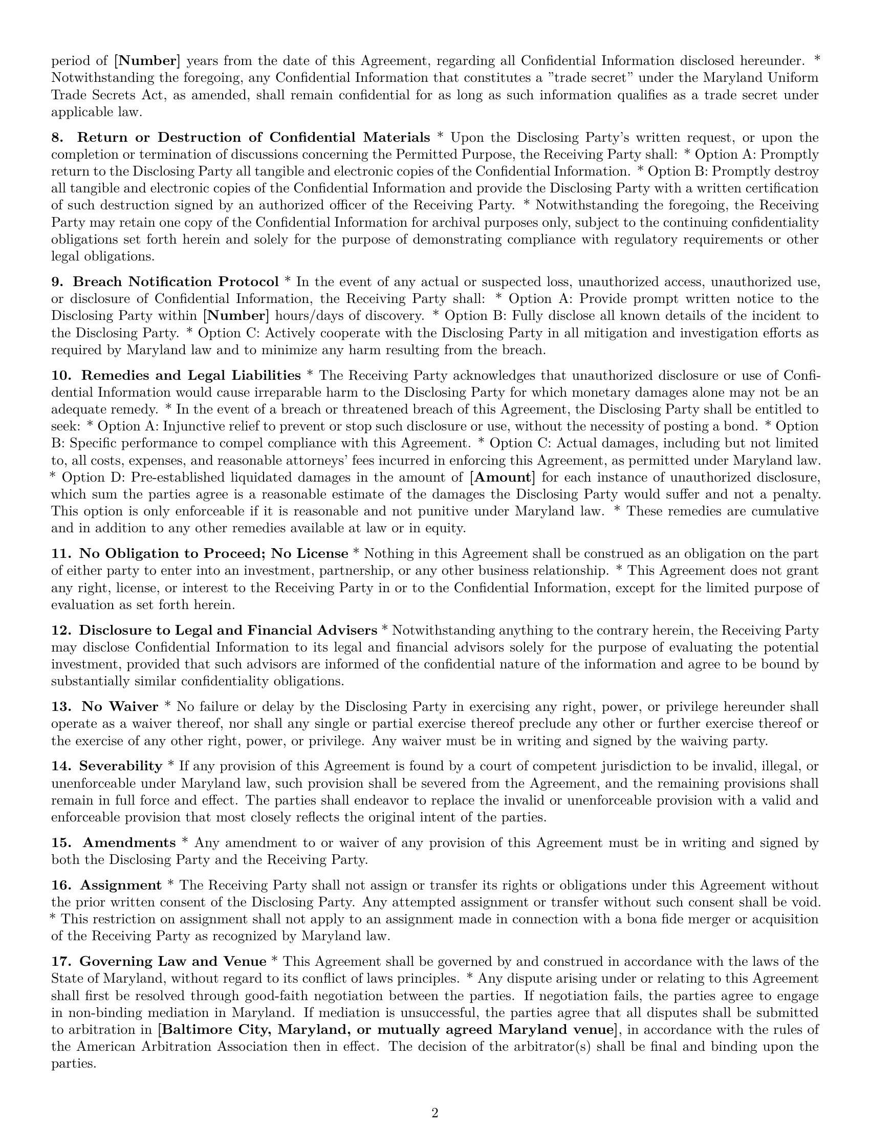 Preview page 2 of Pro Maryland investor nda template