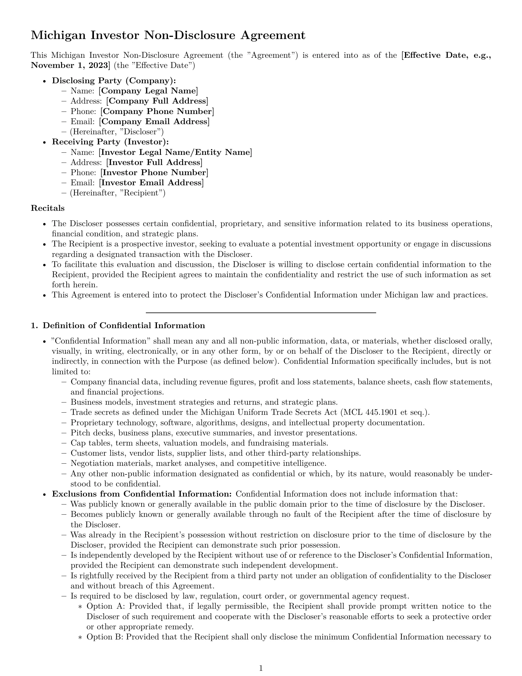 Preview page 1 of Pro Michigan investor nda template