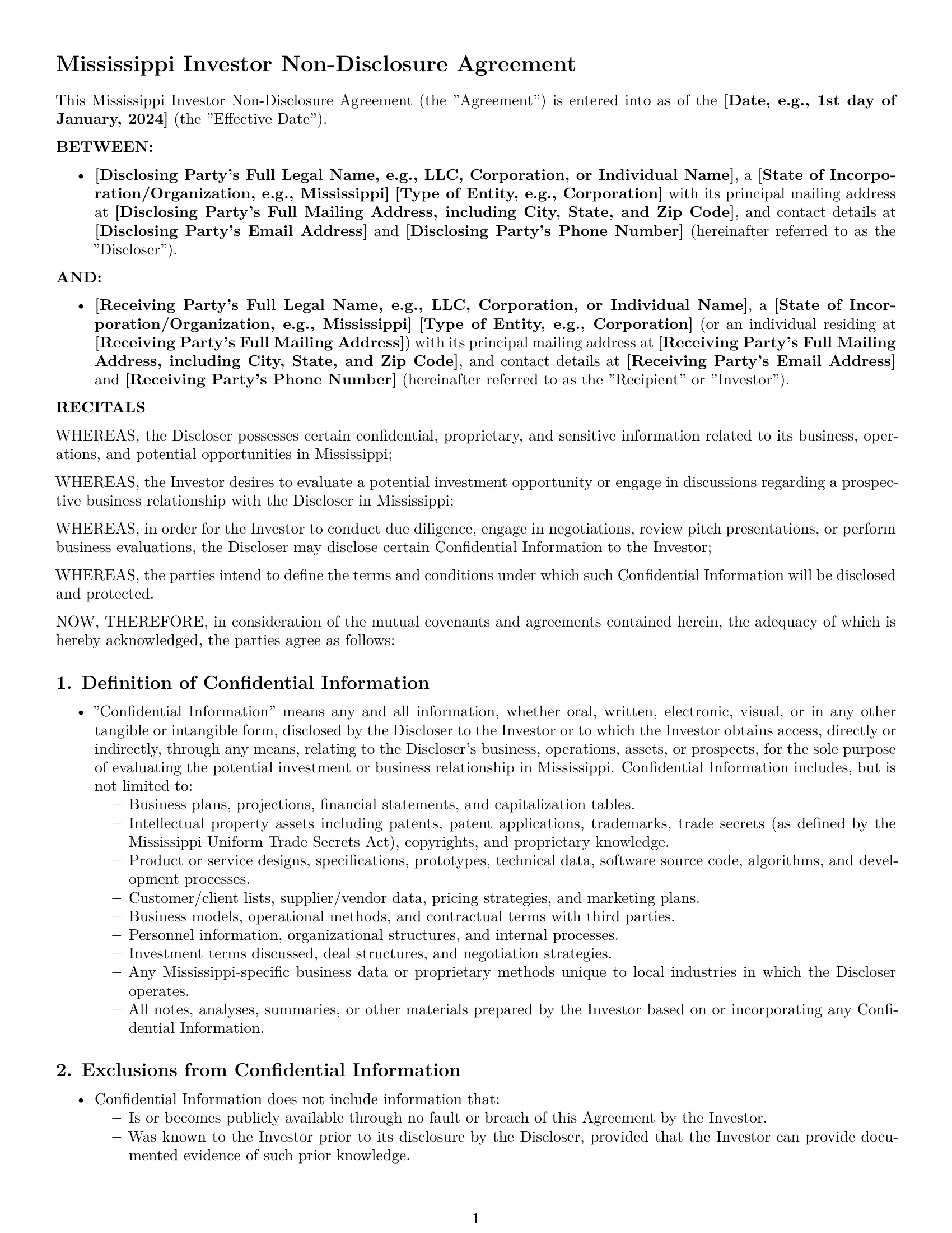 Preview page 1 of Pro Mississippi investor nda template