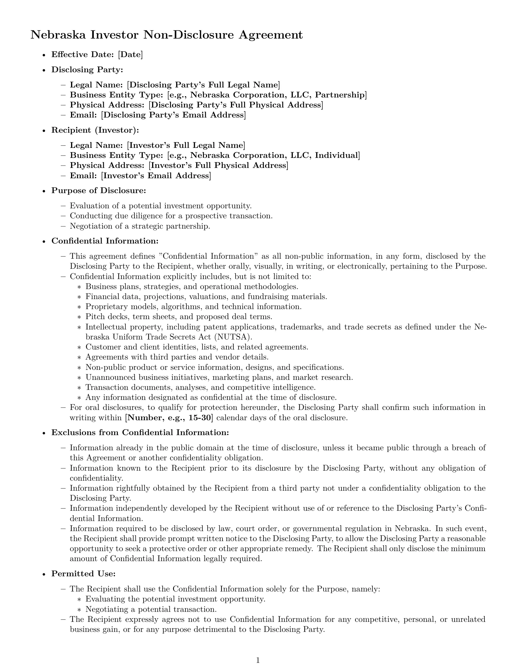 Preview page 1 of Pro Nebraska investor nda template