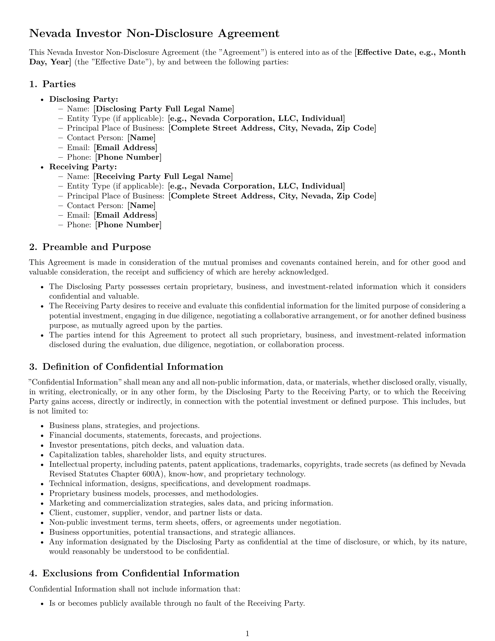 Preview page 1 of Pro Nevada investor nda template