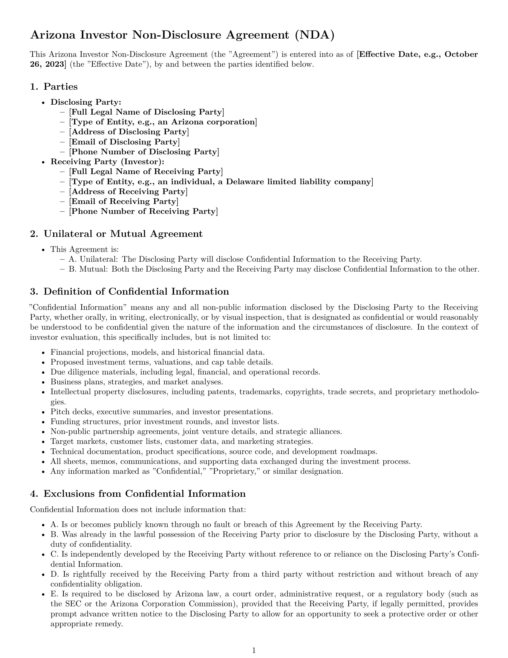 Preview page 1 of Pro Arizona investor nda template
