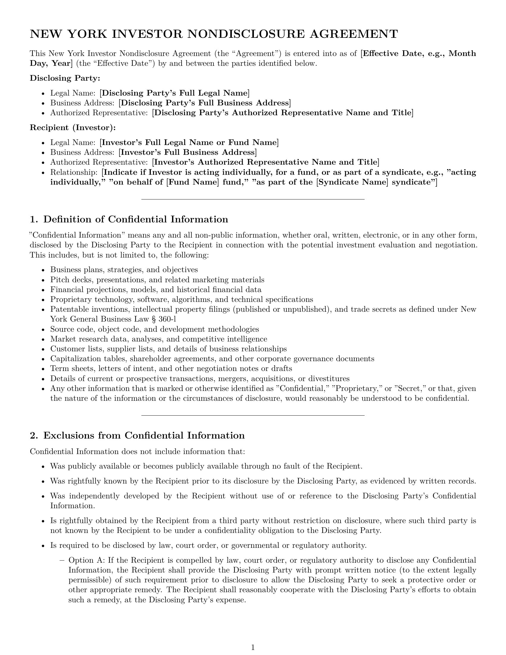 Preview page 1 of Pro New York investor nda template